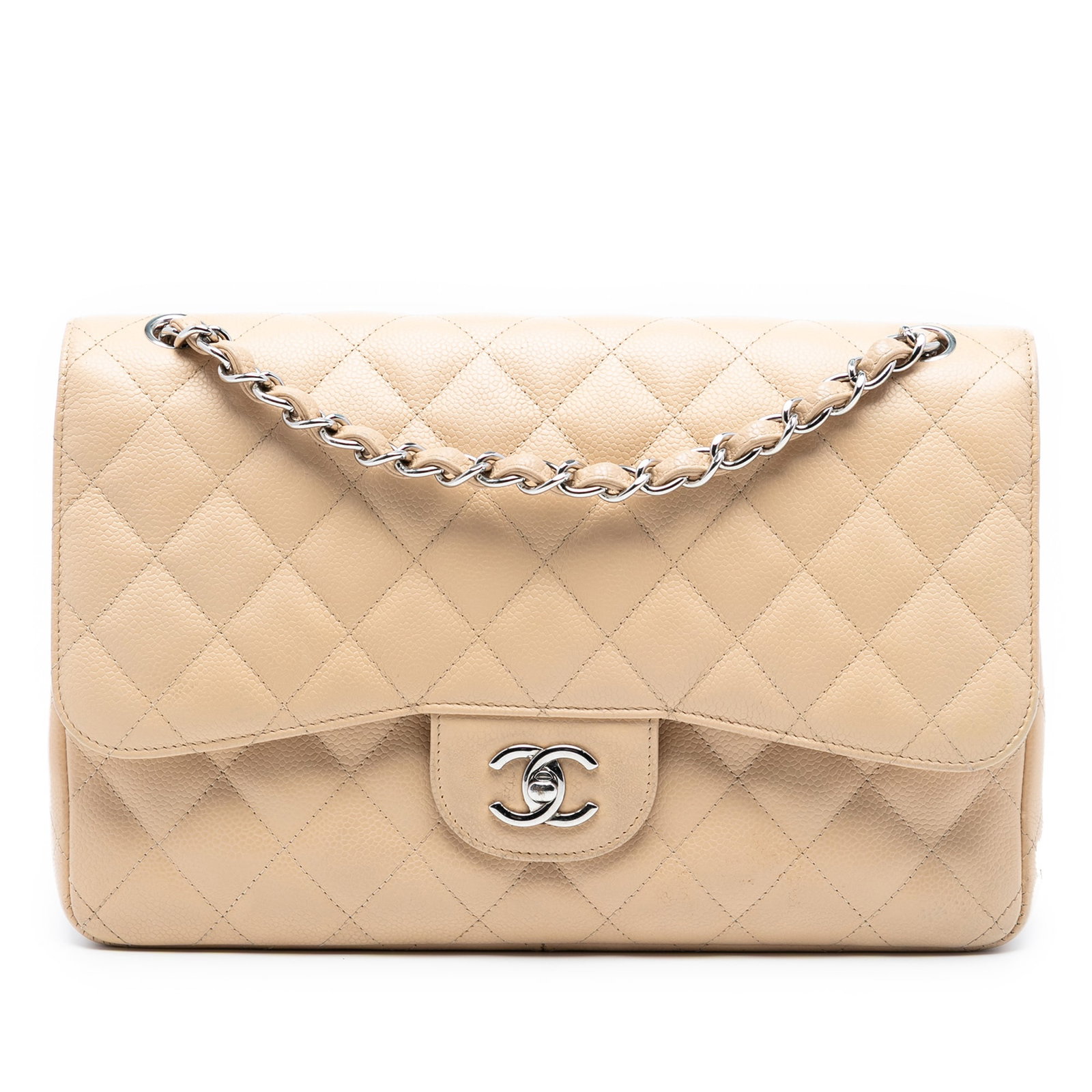 Chanel Jumbo Classic Caviar Double Flap Brown Leather Shoulder Bag: Chanel Jumbo Classic Caviar Double Flap Brown Leather Shoulder Bag This Chanel Jumbo Classic Caviar Double Flap shoulder bag is a timeless addition to any collection. Crafted from luxurious quilted ca