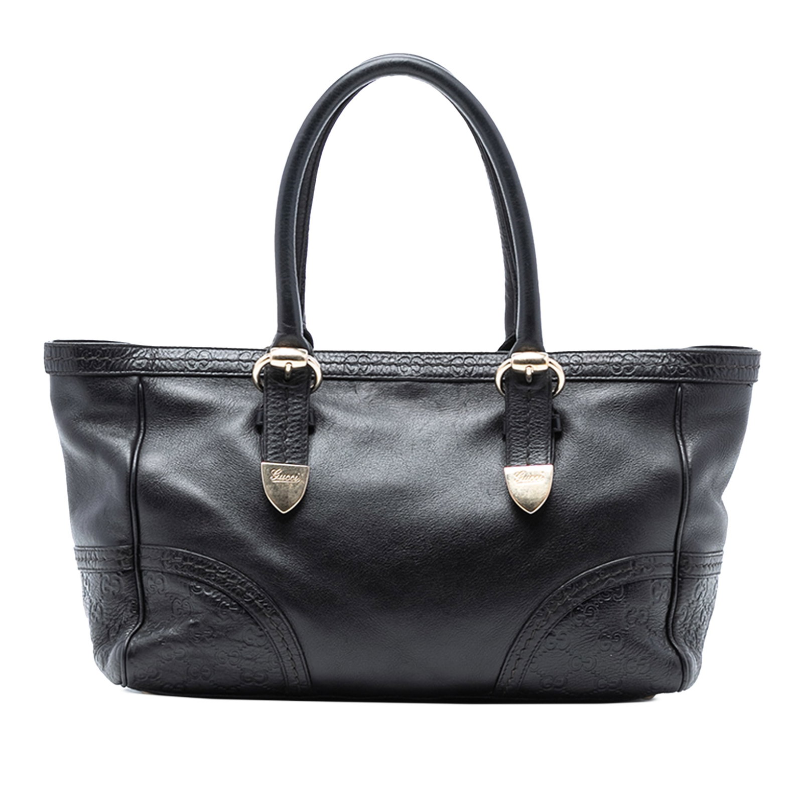 Black Leather Signoria Tote Bag by Gucci Italy: Black Leather Signoria Tote Bag by Gucci Italy The Gucci Signoria tote is crafted from leather and features rolled leather handles, a top magnetic closure, and an interior zip pocket. This black tote 