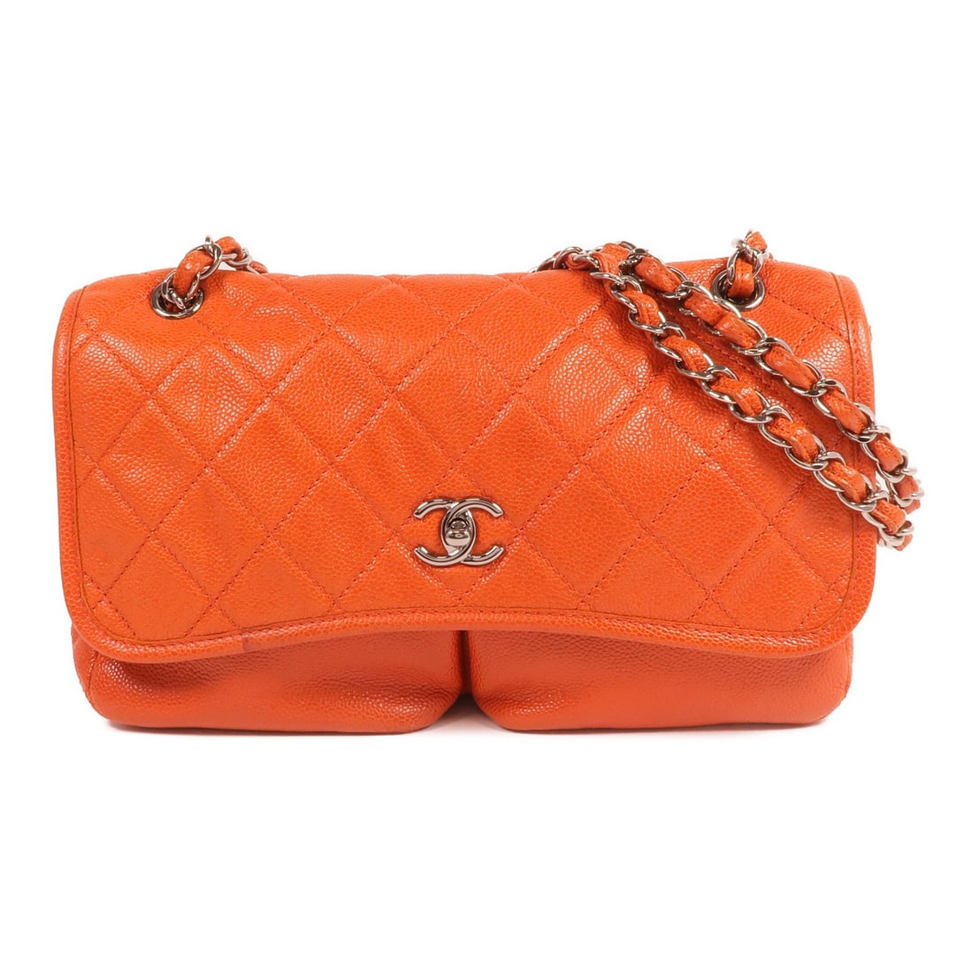 CHANEL Orange Calfskin Leather SHW Chain Shoulder Bag: CHANEL Orange Calfskin Leather SHW Chain Shoulder Bag This exquisite CHANEL shoulder bag is crafted from luxurious calfskin leather in a vibrant orange hue. Designed for style and functionality, it fe