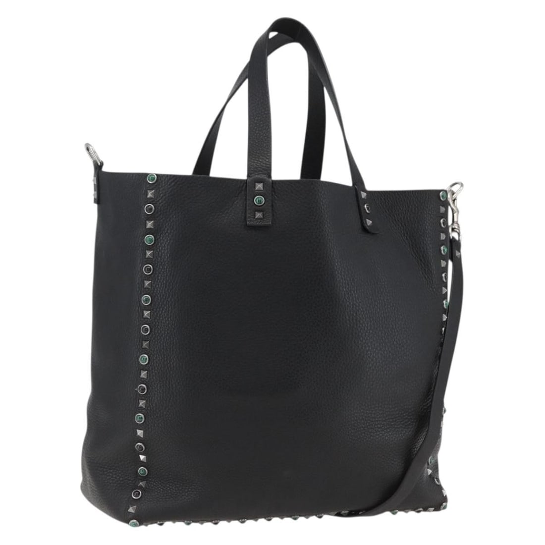 Valentino Black Leather Tote with Silver Hardware and Shoulder Strap: Valentino Black Leather Tote with Silver Hardware and Shoulder Strap This Valentino tote bag features a black and silver leather exterior and offers both hand and shoulder carrying options with its in