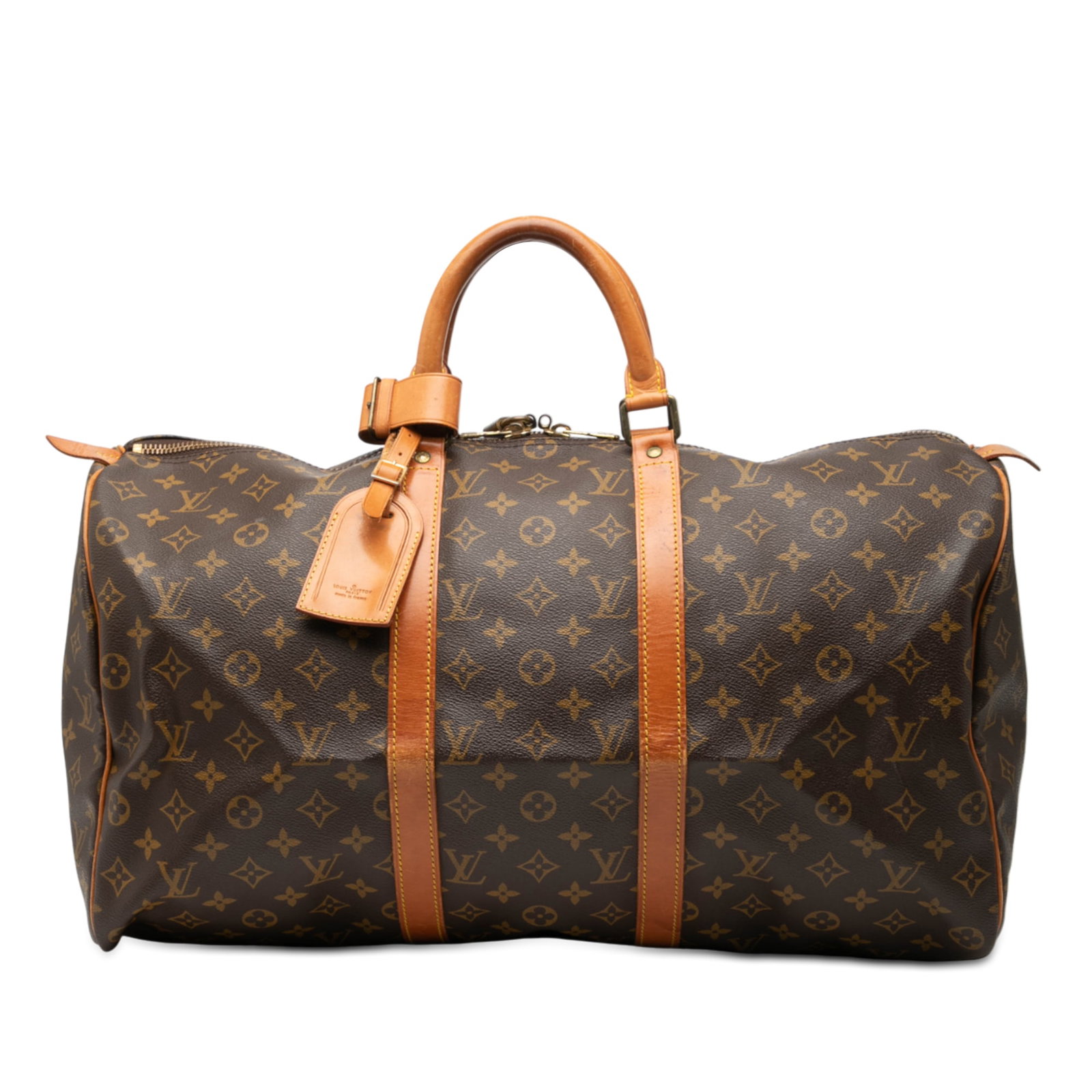 Louis Vuitton Keepall 50 Travel Bag in Monogram Canvas with Leather Trim: Louis Vuitton Keepall 50 Travel Bag in Monogram Canvas with Leather Trim The Louis Vuitton Monogram Keepall 50 features the iconic monogram canvas with vachetta leather trim and rolled vachetta leathe
