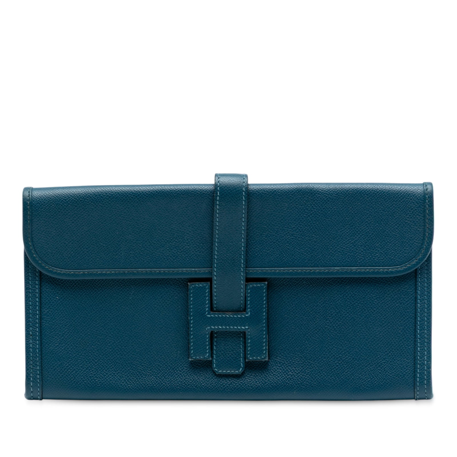 Hermes Vert Bosphore Epsom Leather Jige Elan 29 Clutch Bag: Hermes Vert Bosphore Epsom Leather Jige Elan 29 Clutch Bag The Hermes Epsom Jige Elan 29 features a Vert Bosphore Epsom leather body with a front flap and pull-through closure. This elegant bag displa