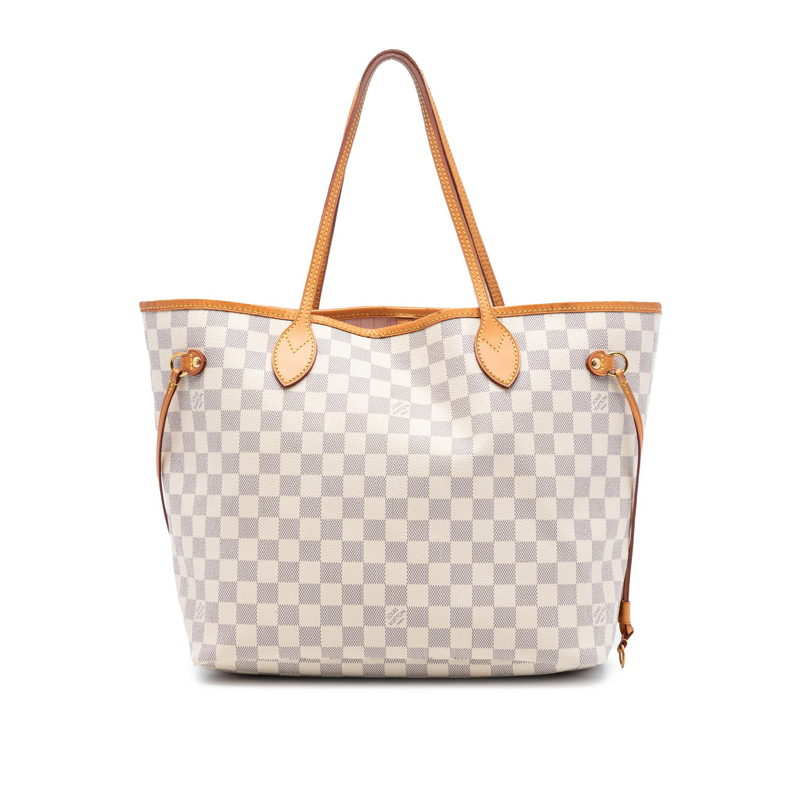 Louis Vuitton Neverfull MM Tote in Damier Azur Canvas with Vachetta Trim: Louis Vuitton Neverfull MM Tote in Damier Azur Canvas with Vachetta Trim This Louis Vuitton Damier Azur Neverfull MM features a damier canvas body with vachetta leather trim and flat vachetta leather 