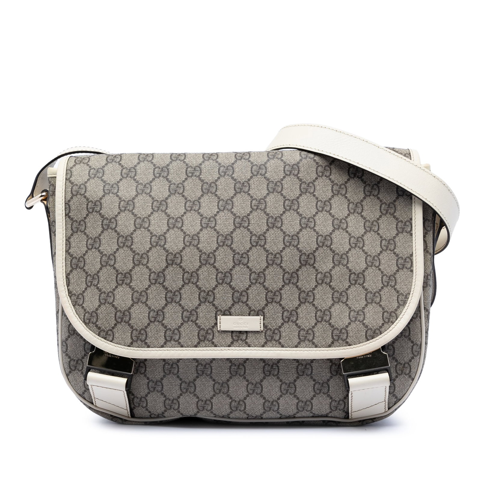 Beige GG Supreme Canvas Crossbody Bag with Leather Trim by Gucci: Beige GG Supreme Canvas Crossbody Bag with Leather Trim by Gucci This Gucci GG Supreme Crossbody bag showcases the iconic coated canvas body with leather trim. It features an adjustable flat leather s