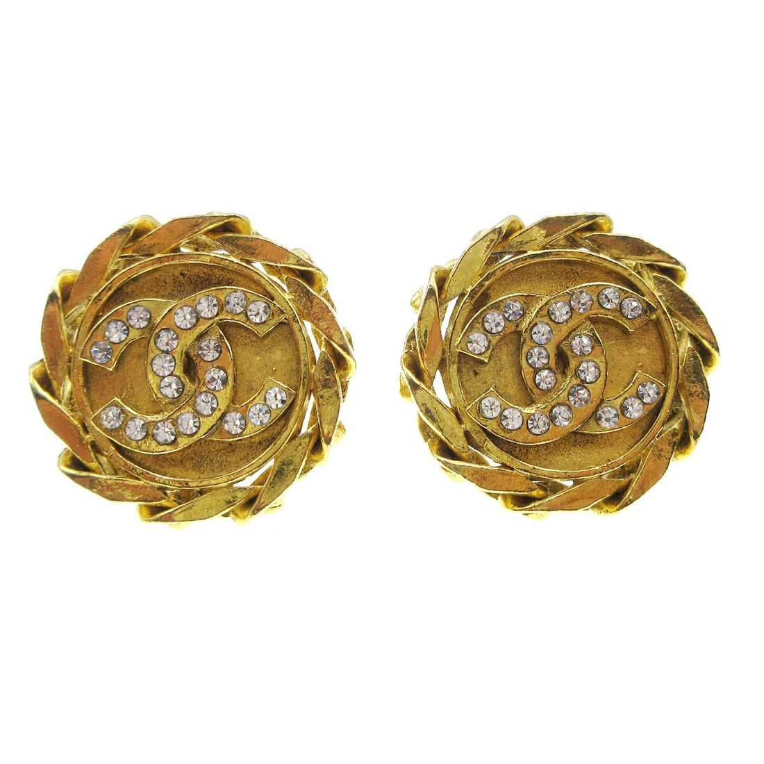 Chanel Gold-Plated Clip-On Button Earrings with Rhinestones: Chanel Gold-Plated Clip-On Button Earrings with Rhinestones Elevate your accessory collection with these stunning Chanel Button Rhinestone Earrings. These clip-on earrings feature a classic button sha