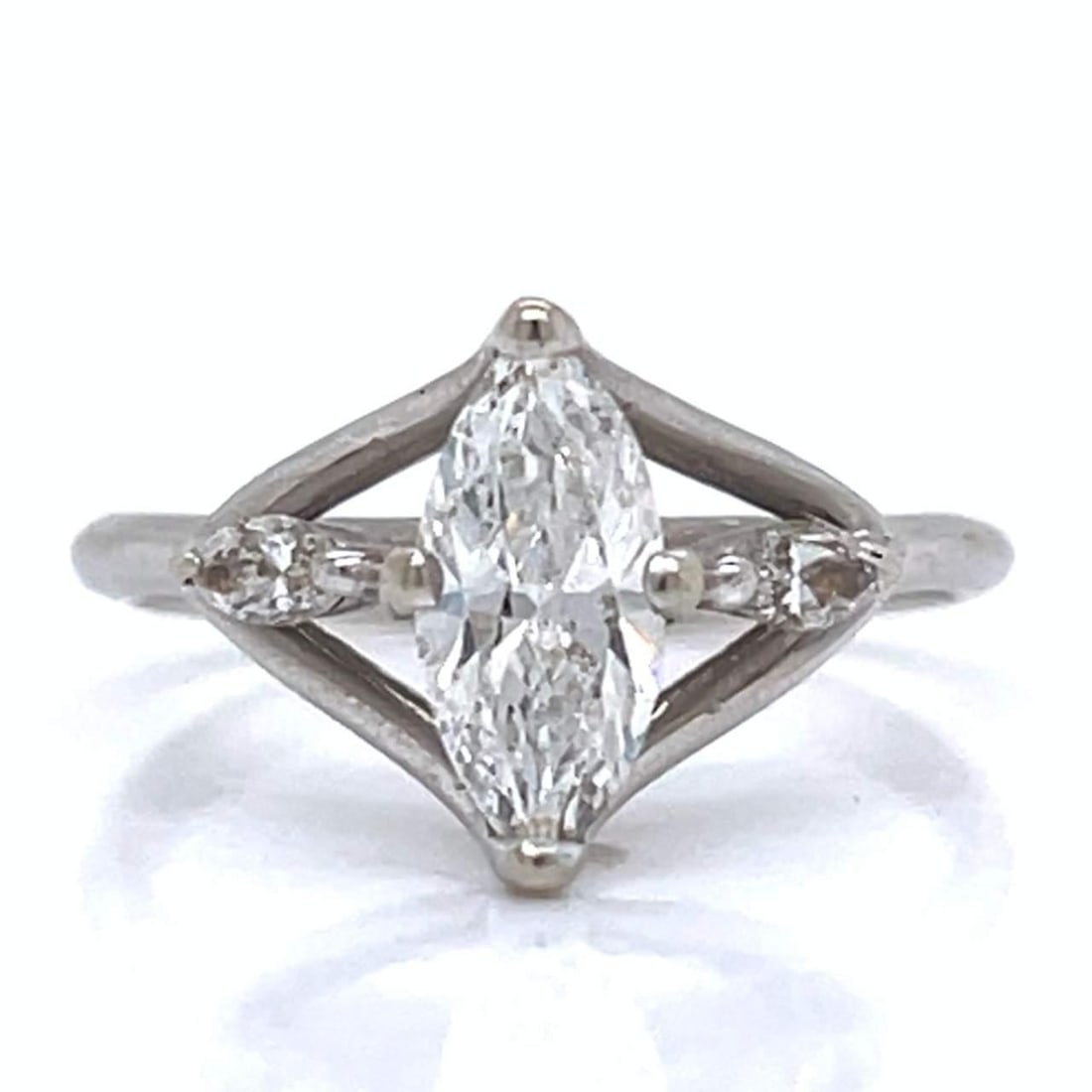 Art Deco 14K White Gold 1.10 Ct Marquise Diamond Ring: Art Deco 14K White Gold 1.10 Ct Marquise Diamond Ring This stunning Art Deco ring features a luxurious 14K white gold setting adorned with a captivating approximately 1.10 Ct. marquise diamond, boasti
