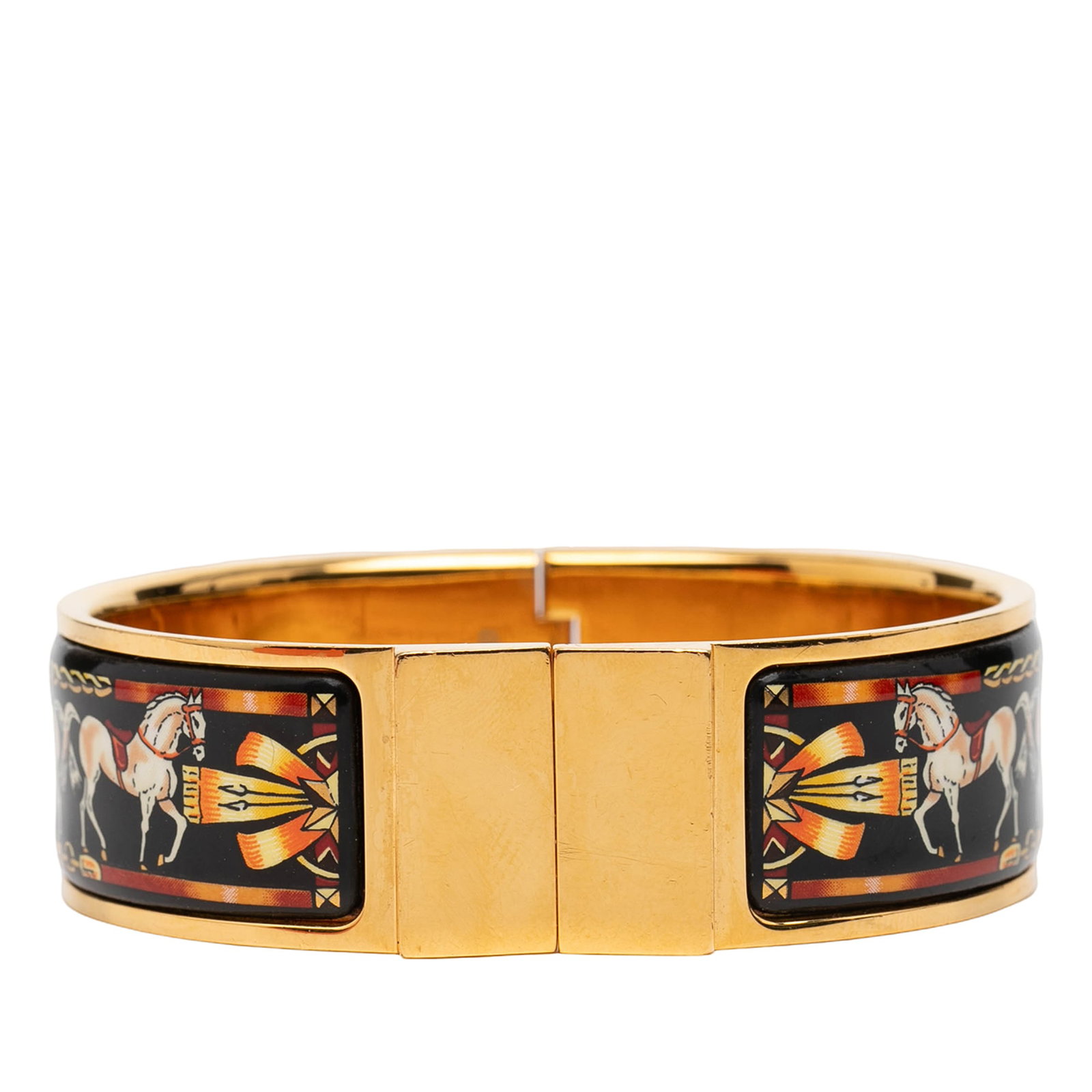Hermes Horse Loquet PM Wide Black Enamel Gold Plated Bangle: Hermes Horse Loquet PM Wide Black Enamel Gold Plated Bangle This Hermes Wide Enamel Horse Loquet Bracelet PM features a striking enamel design with a gold-plated body and horse motif. The bracelet is 