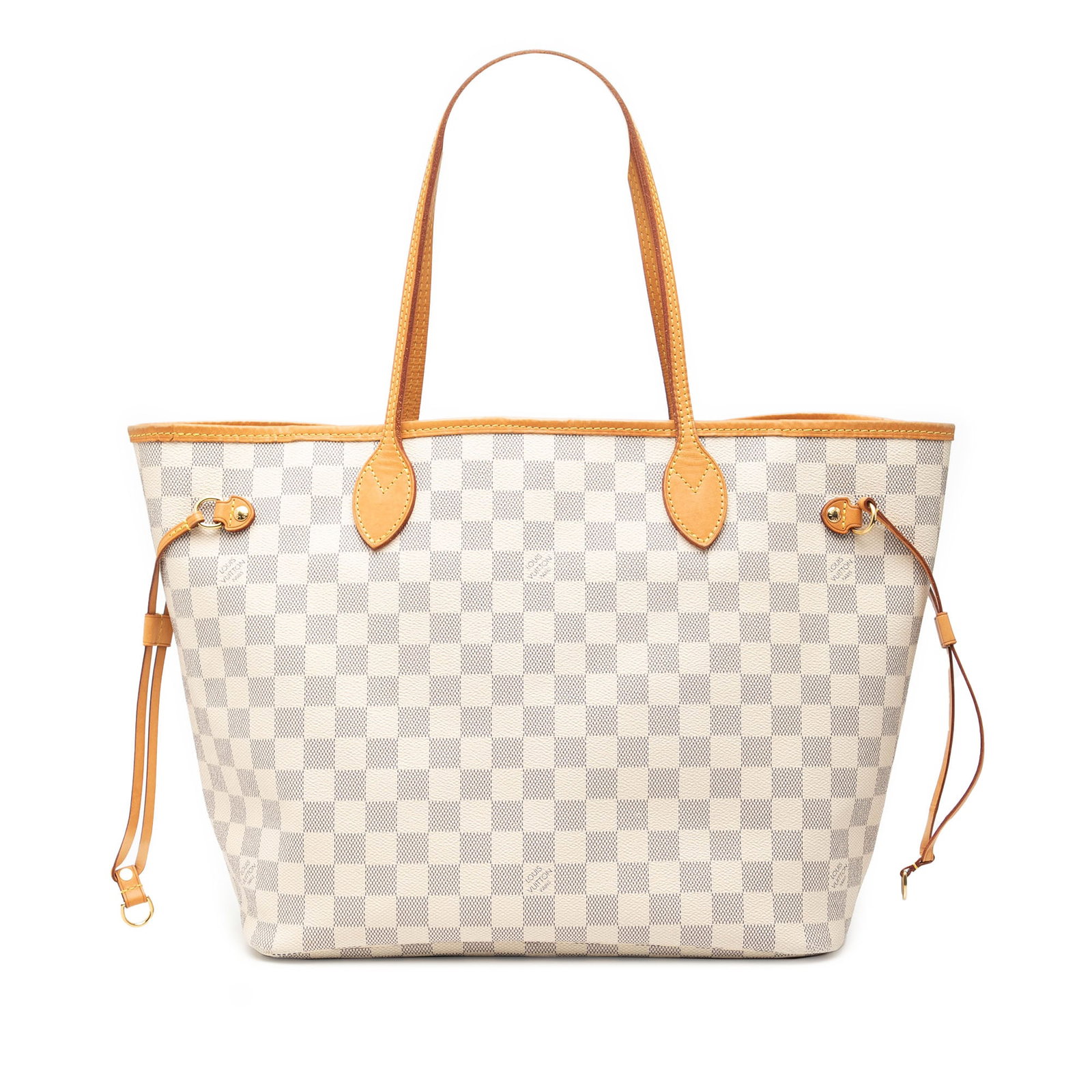 Neverfull MM Tote in Damier Azur Canvas with Vachetta Leather Trim: Neverfull MM Tote in Damier Azur Canvas with Vachetta Leather Trim The Louis Vuitton Damier Azur Neverfull MM features a damier canvas body with vachetta leather trim, flat vachetta leather handles, a