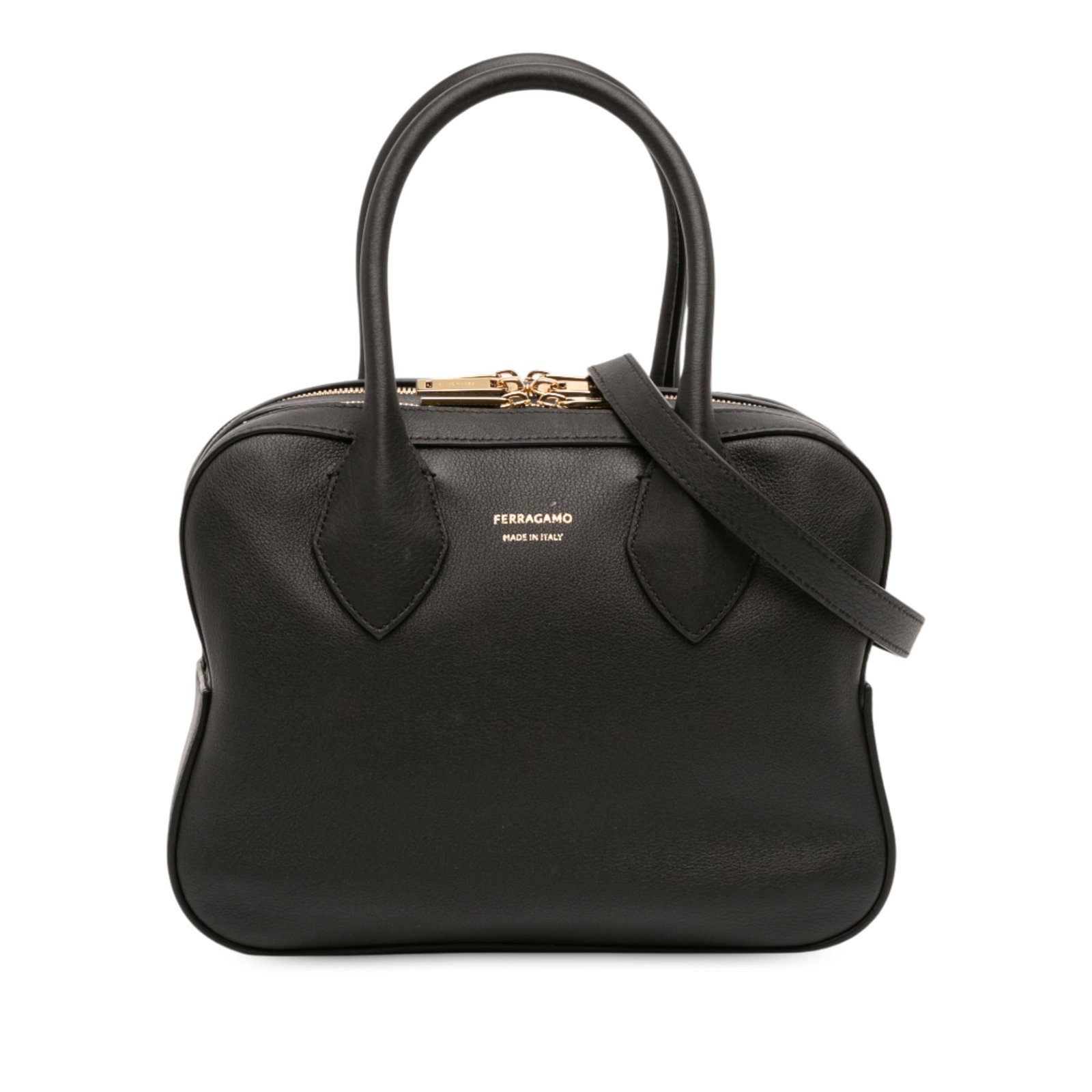 Mini Star Pattern Leather Satchel by Ferragamo with Detachable Strap: Mini Star Pattern Leather Satchel by Ferragamo with Detachable Strap This Ferragamo Mini Leather Star Satchel features a black leather body with rolled handles, a detachable flat strap, triple compart