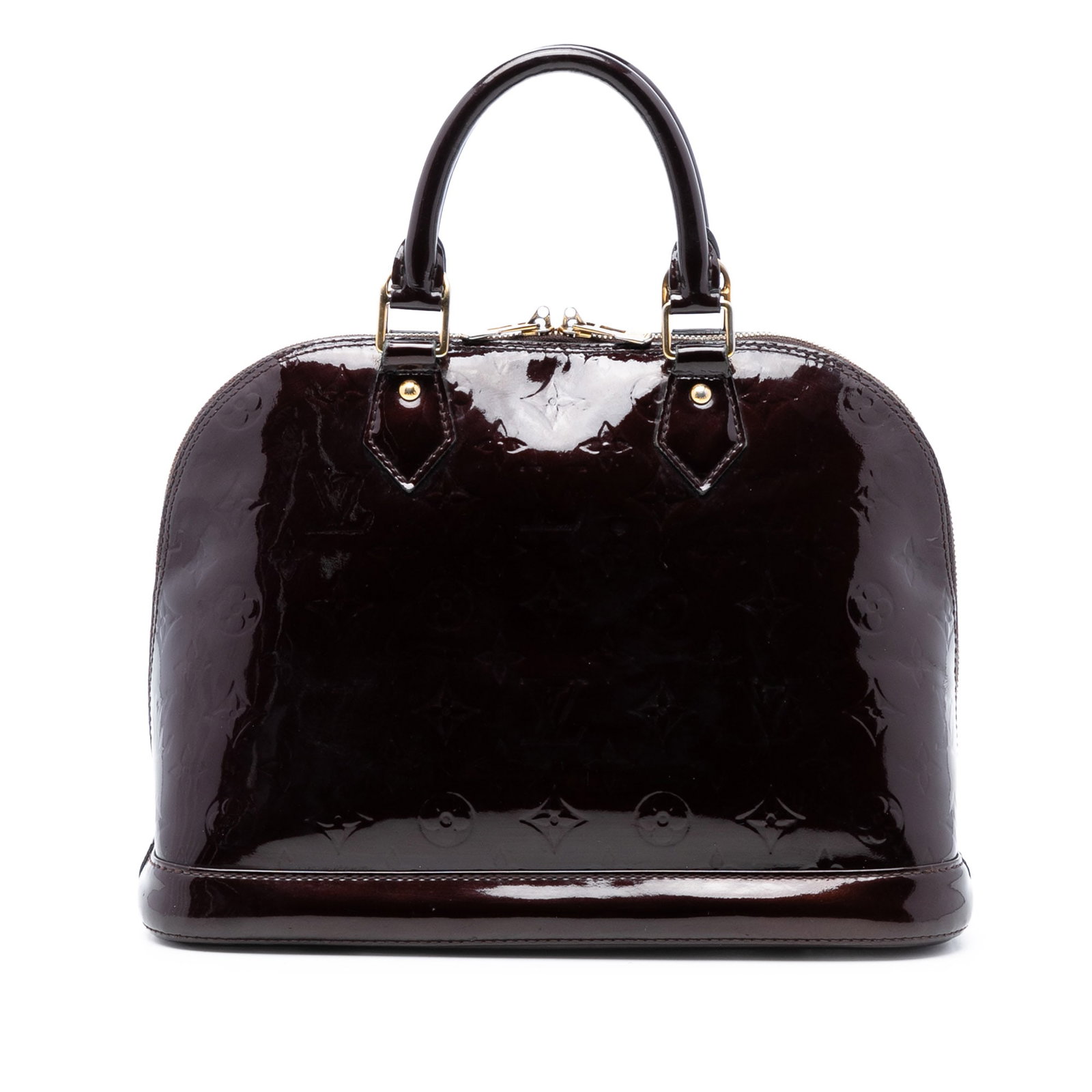 Purple Leather Alma PM Bag by Louis Vuitton with Monogram Vernis: Purple Leather Alma PM Bag by Louis Vuitton with Monogram Vernis This Louis Vuitton Monogram Vernis Alma PM features a purple monogram vernis leather body, rolled leather handles, a top zip closure, a
