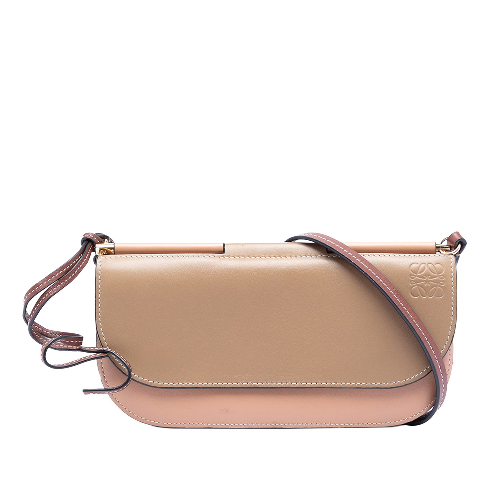 Loewe Gate Pochette Brown Bicolor Leather Crossbody Bag with Anagram Detail: Loewe Gate Pochette Brown Bicolor Leather Crossbody Bag with Anagram Detail This LOEWE Bicolor Leather Anagram Gate Pochette Crossbody bag features a leather exterior, a flat leather shoulder strap, a