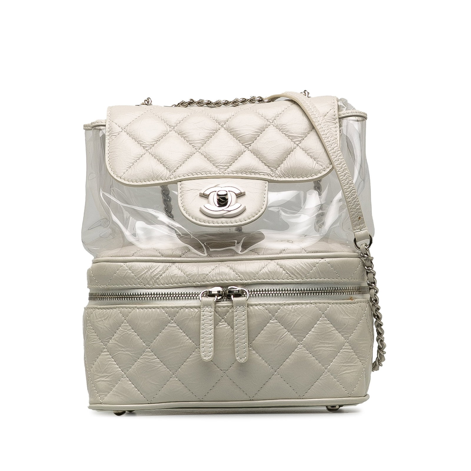Chanel White Quilted Lambskin PVC Aquarium Backpack: Chanel White Quilted Lambskin PVC Aquarium Backpack The Chanel Aquarium Backpack is a stylish and practical accessory crafted from quilted lambskin leather and PVC. This distinctive backpack features 