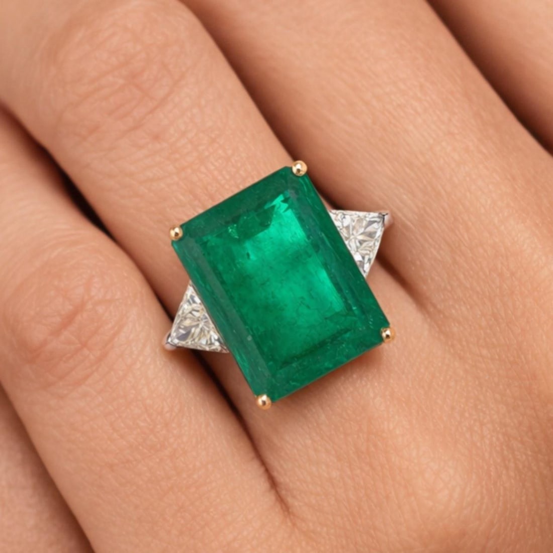 AGL Certified 19 Carat Colombian Emerald Diamond Ring in 18K Two Tone Gold: AGL Certified 19 Carat Colombian Emerald Diamond Ring in 18K Two Tone Gold This pre-owned ring features a striking 19.00 carat Colombian emerald certified by AGL, set in a combination of 18K yellow an