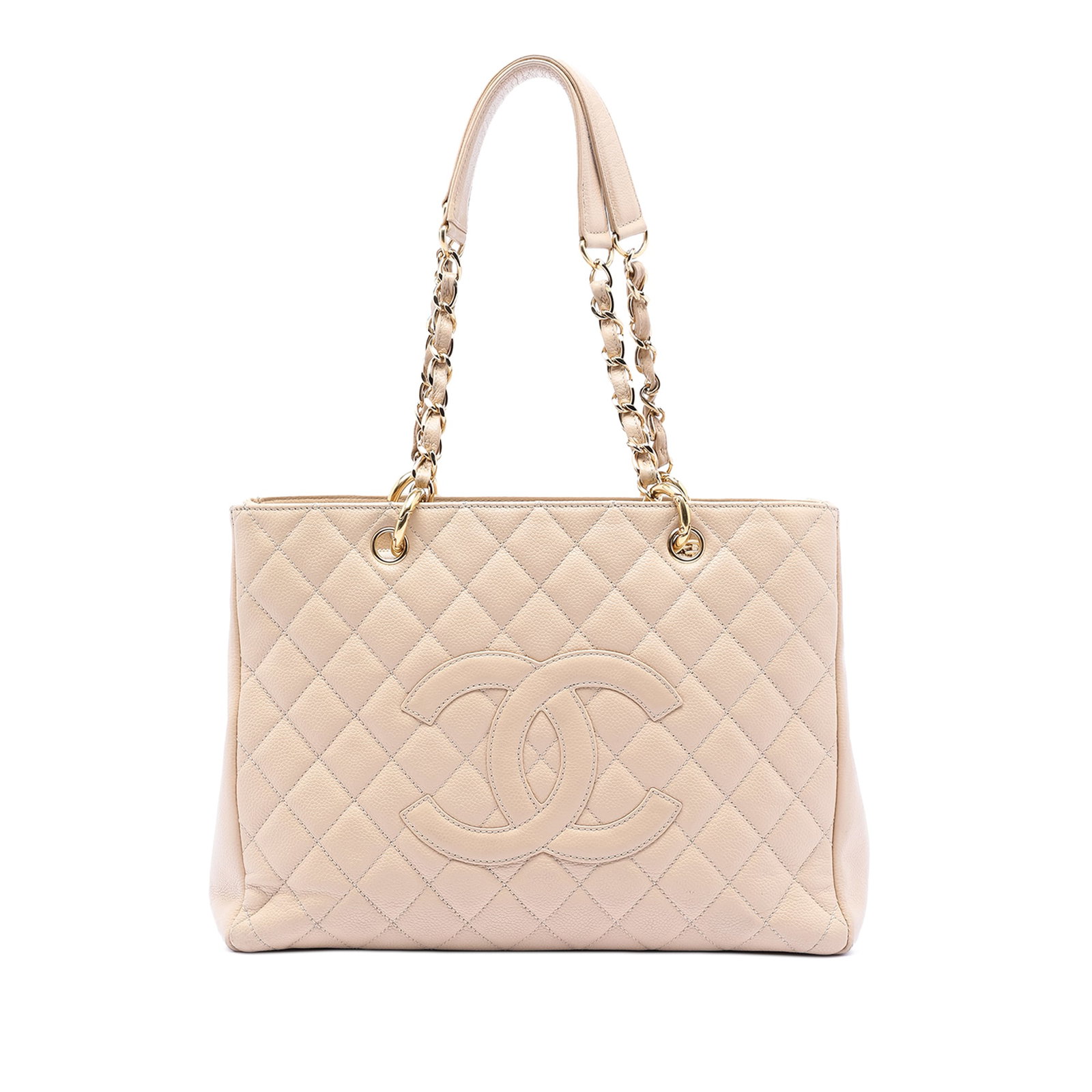 Brown Caviar Leather Grand Shopping Tote with Quilted Design by Chanel: Brown Caviar Leather Grand Shopping Tote with Quilted Design by Chanel This Chanel Caviar Grand Shopping Tote features a quilted caviar leather exterior in brown, leather-woven chain shoulder straps, 
