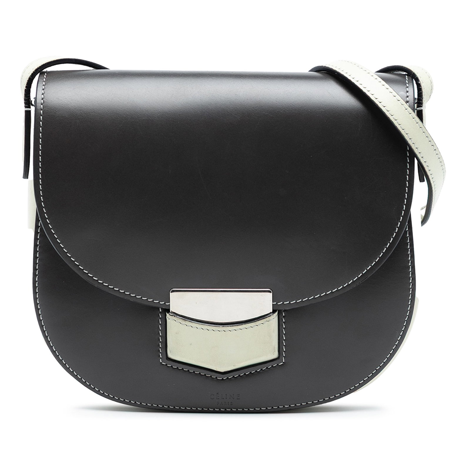 Celine Trotteur Small Glazed Leather Two Tone Crossbody Bag: Celine Trotteur Small Glazed Leather Two Tone Crossbody Bag This Celine Small Bicolor Glazed Calfskin Trotteur Crossbody features a leather body with a glazed finish, an adjustable flat leather should