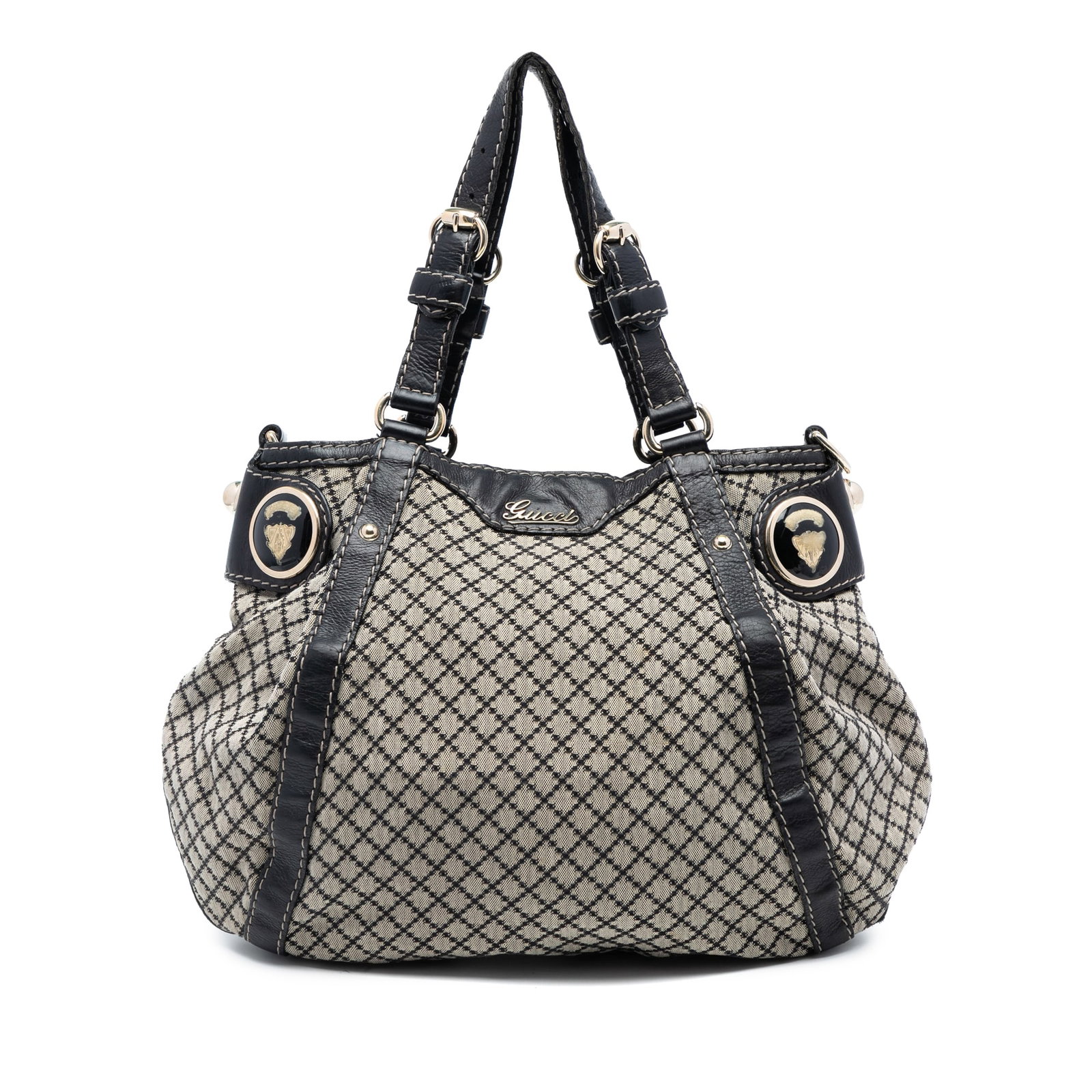 Gucci Diamante Canvas Crest Beige Satchel with Leather Straps: Gucci Diamante Canvas Crest Beige Satchel with Leather Straps This Gucci Diamante Canvas Crest Satchel features a beige diamante canvas body with flat leather straps and an open top secured by a magne