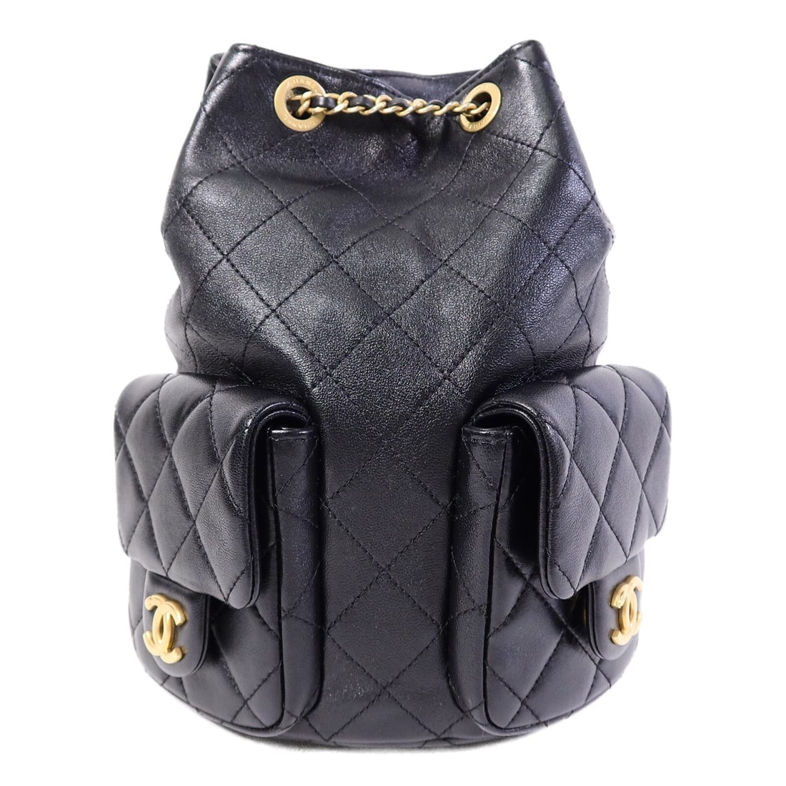 CHANEL Black Lambskin CC GHW Rucksack Backpack AS5310: CHANEL Black Lambskin CC GHW Rucksack Backpack AS5310 This CHANEL rucksack backpack is crafted from luxurious black lambskin leather, offering a sophisticated and timeless look. The bag features gold-
