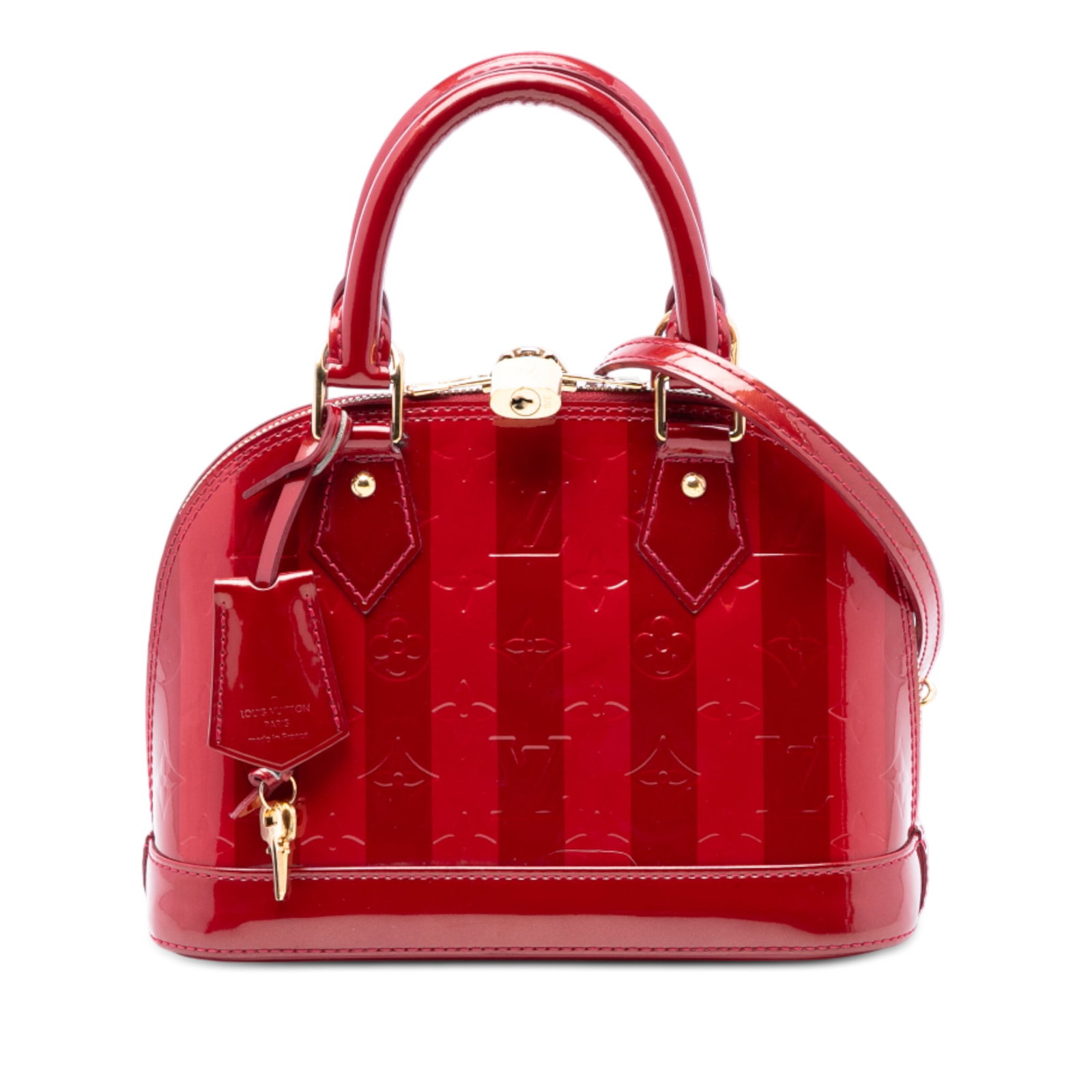 Louis Vuitton Alma BB Monogram Vernis Rayures Red Leather Shoulder Bag: Louis Vuitton Alma BB Monogram Vernis Rayures Red Leather Shoulder Bag This Louis Vuitton Monogram Vernis Rayures Alma BB features a glossy monogram vernis leather exterior in red, rolled leather hand