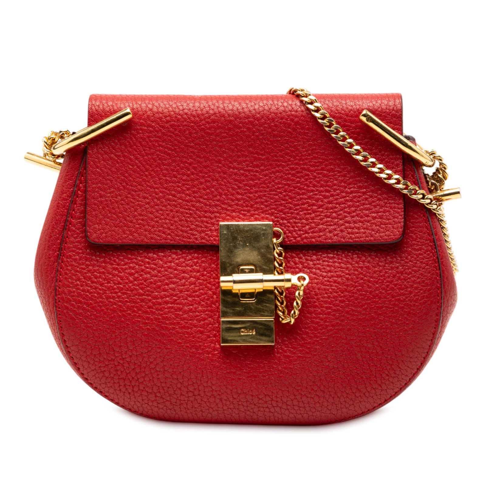 Chloe Drew Small Red Leather Crossbody Bag with Gold Chain Strap: Chloe Drew Small Red Leather Crossbody Bag with Gold Chain Strap This Chloe Small Leather Drew Crossbody features a red leather body with a gold-tone chain link strap and a front flap secured by a tur