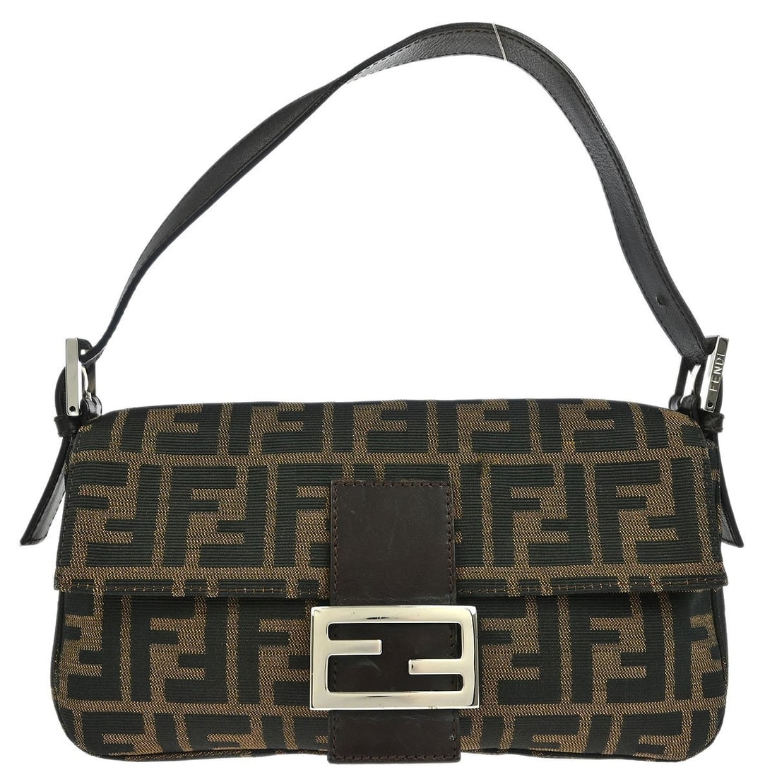 Fendi Brown Zucca Baguette Handbag with Silver Hardware: Fendi Brown Zucca Baguette Handbag with Silver Hardware Introducing the Fendi Brown Zucca Baguette Handbag, a chic and stylish accessory perfect for casual occasions. This medium-sized handbag feature