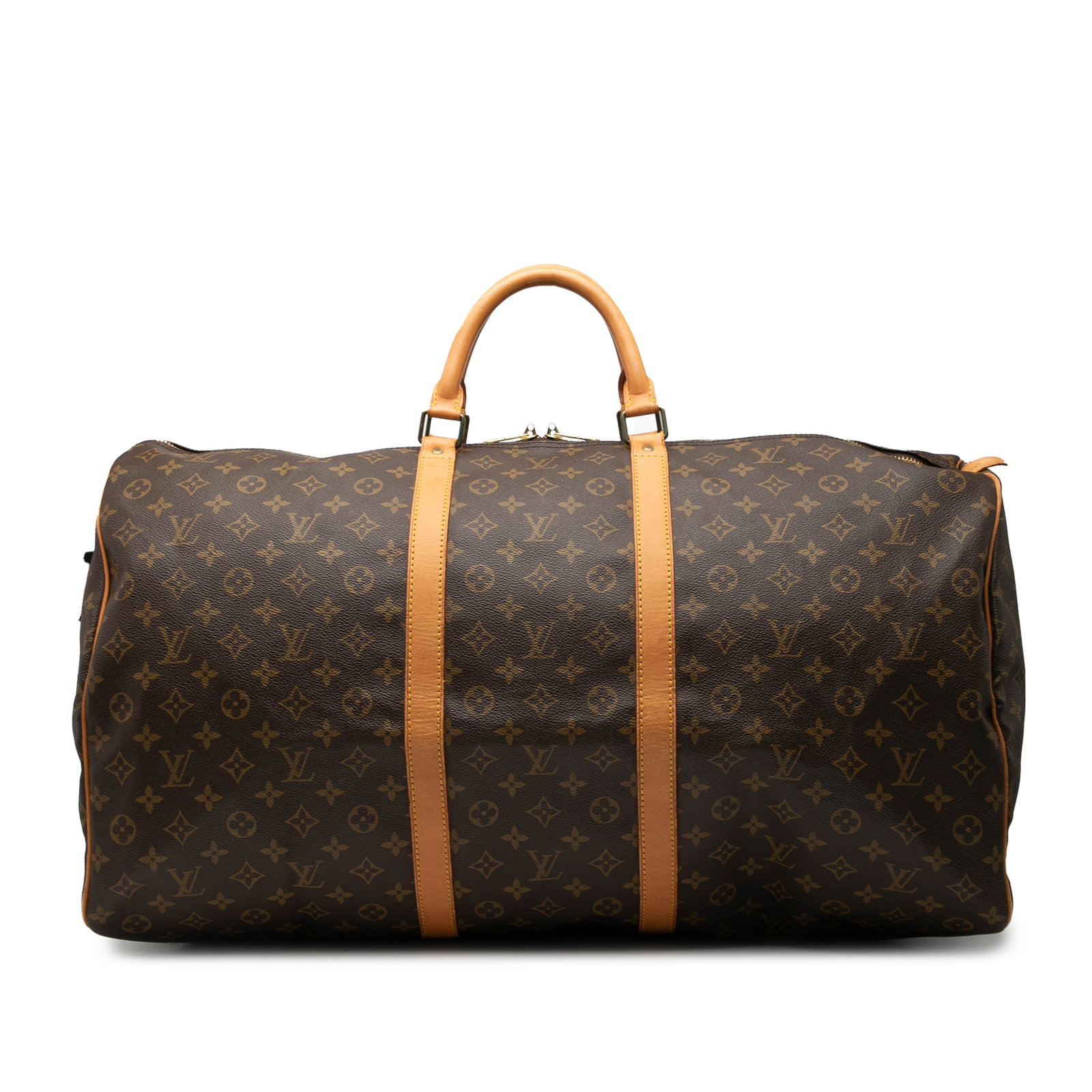 Louis Vuitton Keepall 60 Monogram Canvas Travel Bag with Leather Trim: Louis Vuitton Keepall 60 Monogram Canvas Travel Bag with Leather Trim This Louis Vuitton Monogram Keepall 60 features the iconic monogram canvas body with vachetta leather trim and rolled vachetta lea