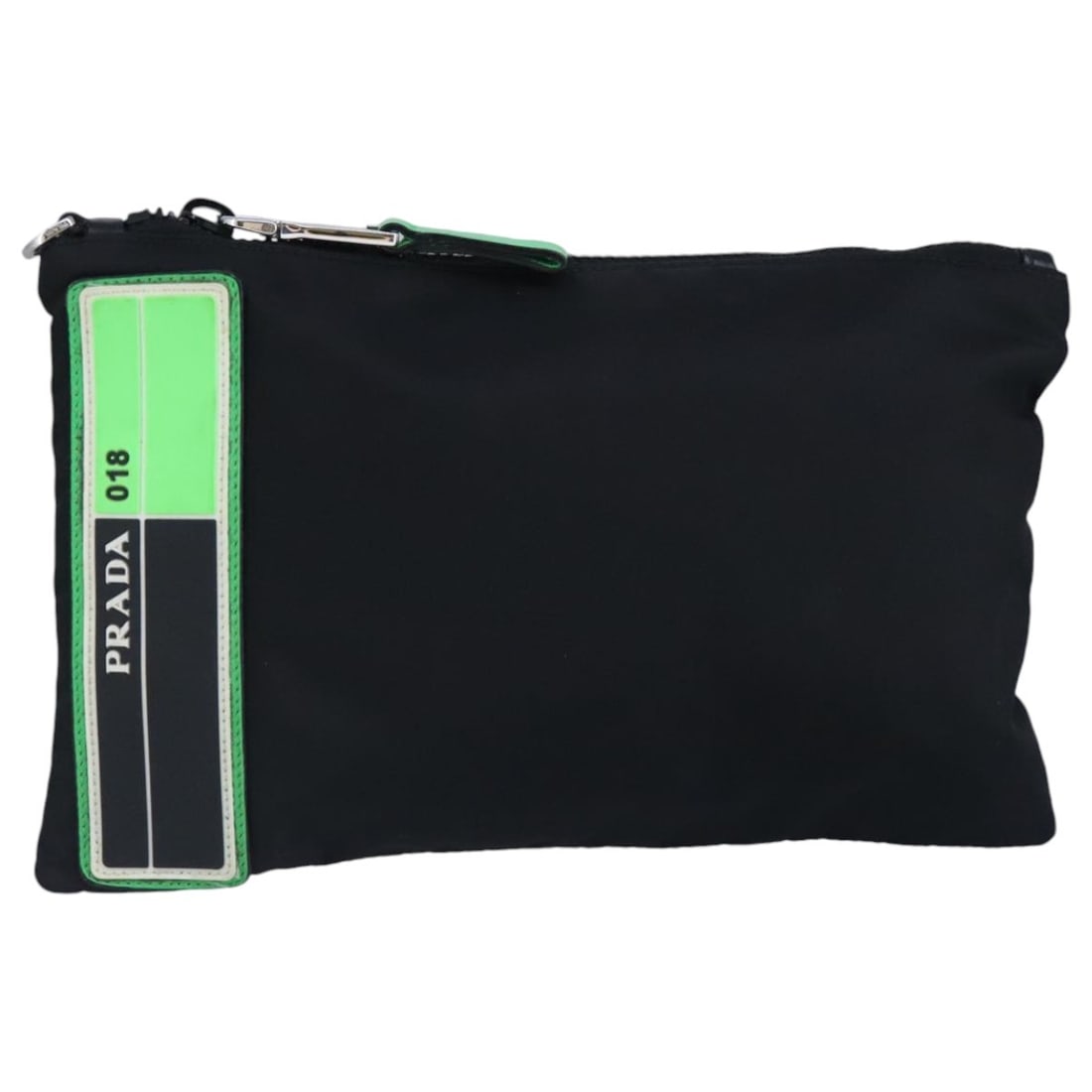 Prada Black Nylon Clutch with Silver Accents and Dust Bag: Prada Black Nylon Clutch with Silver Accents and Dust Bag This PRADA clutch bag features a sleek design crafted from black nylon with silver-tone accents. Designed for women, it offers a compact and s