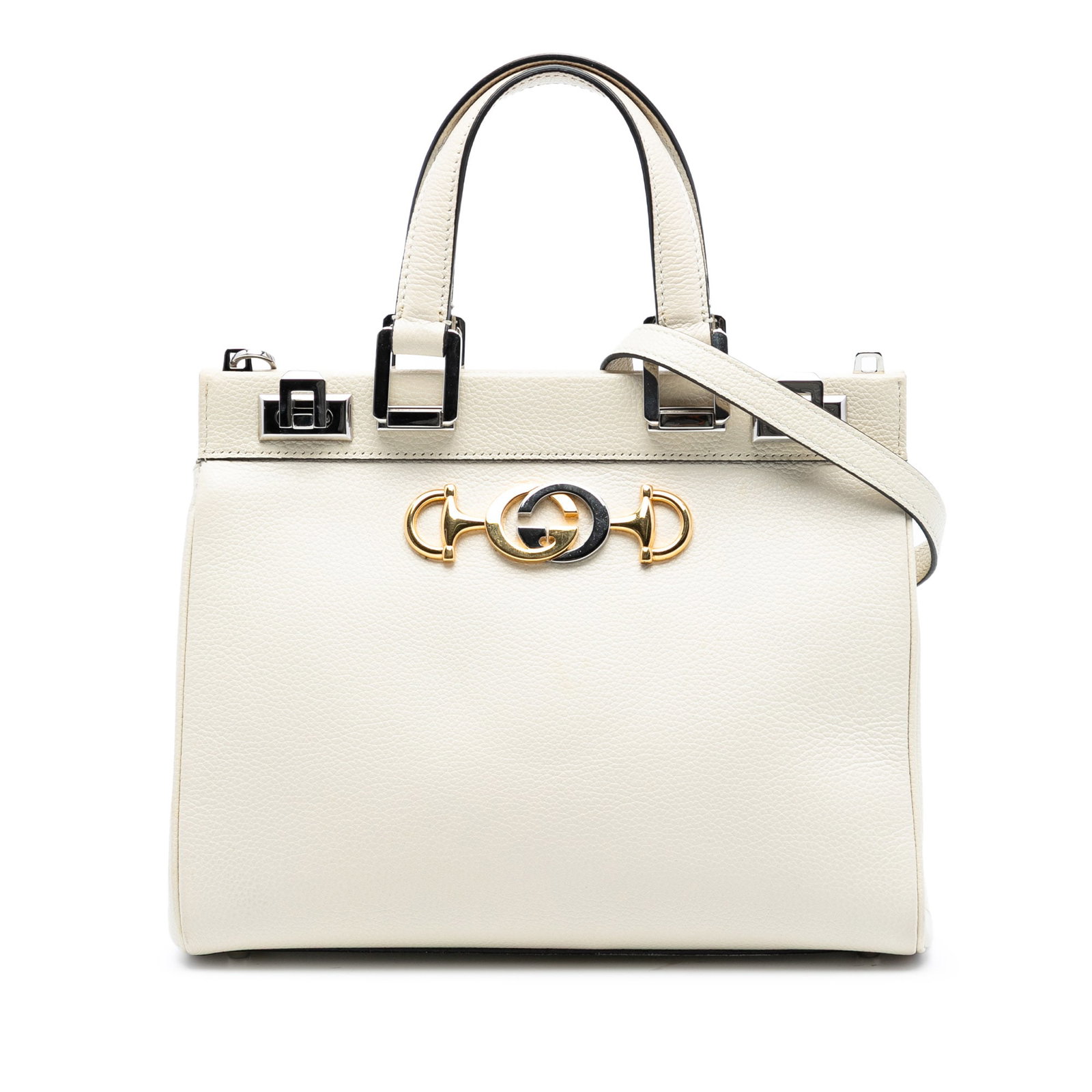 Gucci Zumi White Leather Structured Satchel with Top Handles and Strap: Gucci Zumi White Leather Structured Satchel with Top Handles and Strap The Gucci Small Grained Calfskin Zumi Top Handle Bag features a white leather body with flat leather handles and a detachable fla