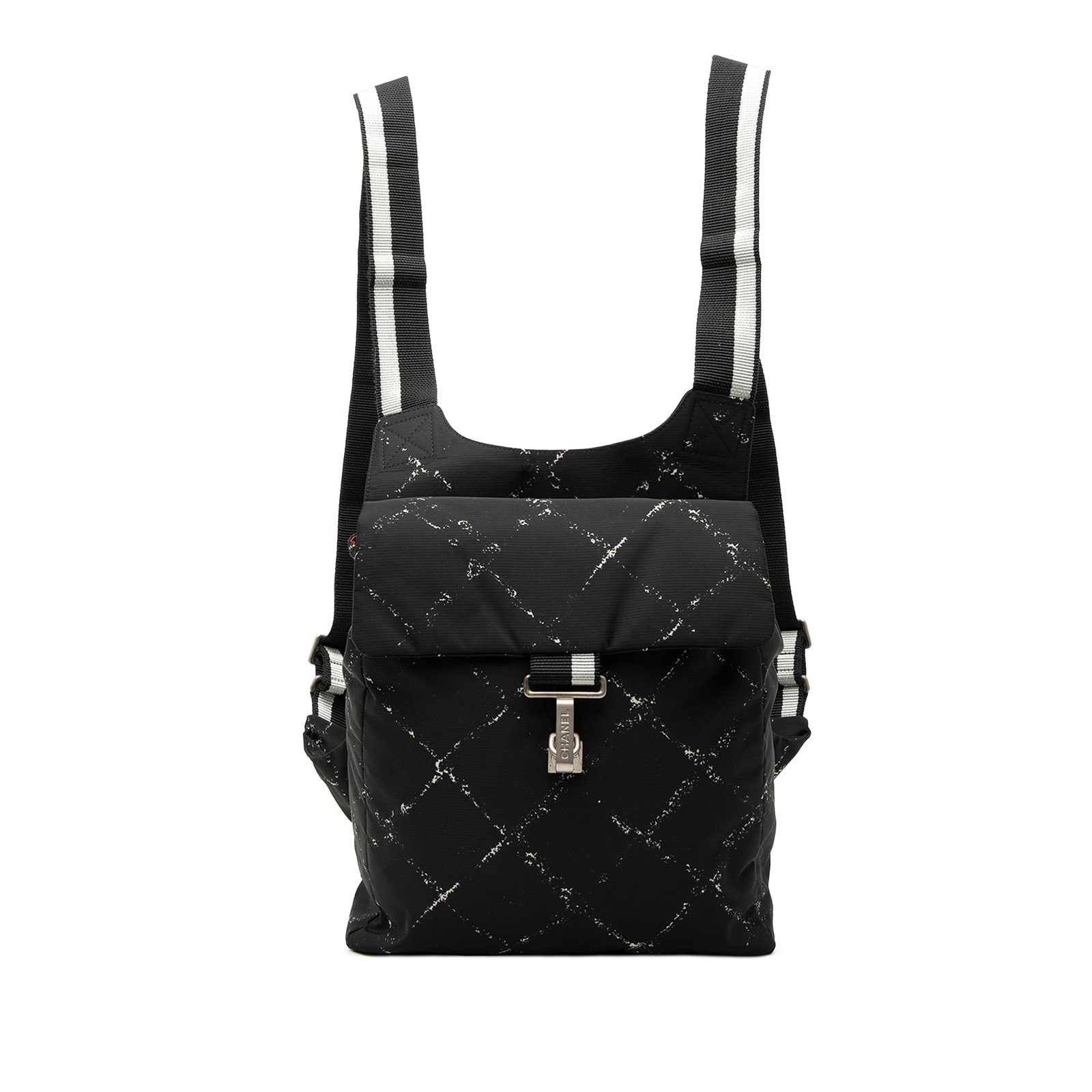 Chanel Black Old Travel Line Fabric Backpack with Flap Closure: Chanel Black Old Travel Line Fabric Backpack with Flap Closure This Chanel Old Travel Line Nylon Backpack features a black nylon body with flat back straps, a top flap secured by a hook closure, and a