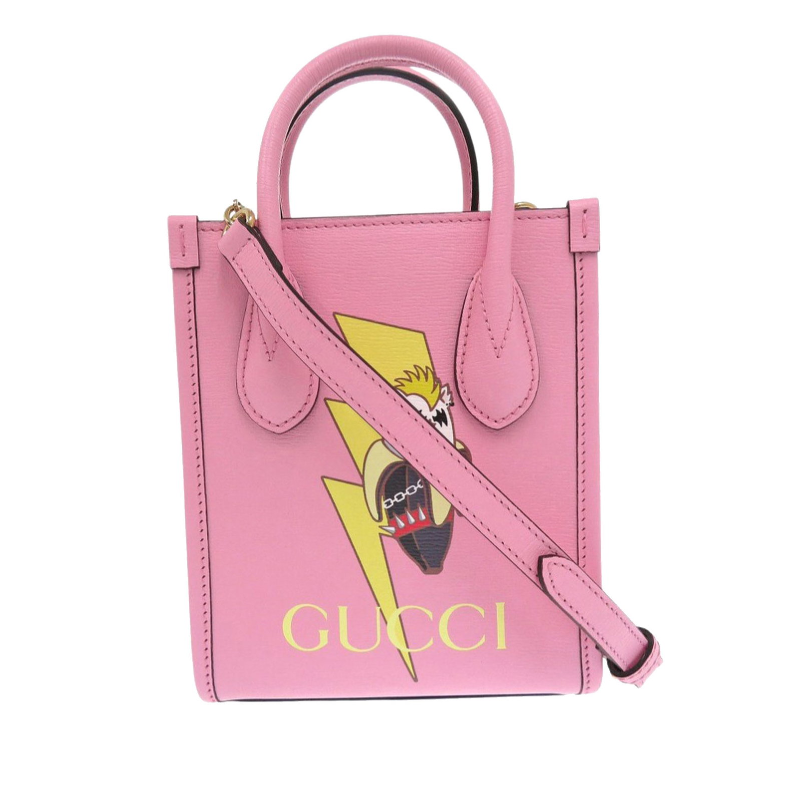 Gucci Mini Satchel Pink Leather Bananya Print with Adjustable Strap: Gucci Mini Satchel Pink Leather Bananya Print with Adjustable Strap This Gucci BNF Mini Textured Dollar Calfskin Bananya Print Vertical Satchel is crafted from pink leather and features rolled leather