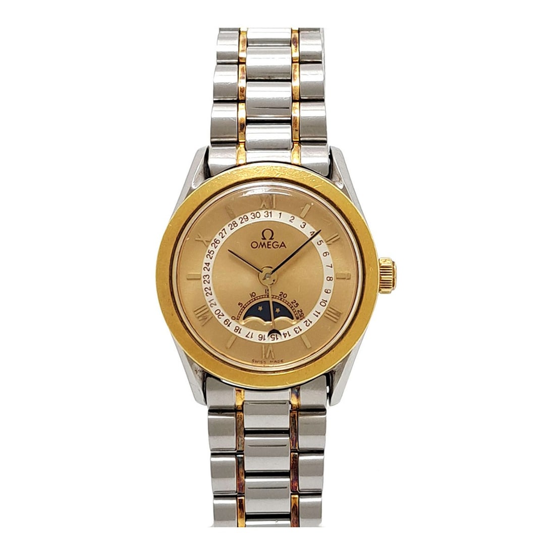 Omega Classic Moon Phase 566.0286 Yellow Gold Automatic Watch: Omega Classic Moon Phase 566.0286 Yellow Gold Automatic Watch This Omega Classic Moon Phase wristwatch is designed for women and features a sophisticated yellow gold and stainless steel construction. 