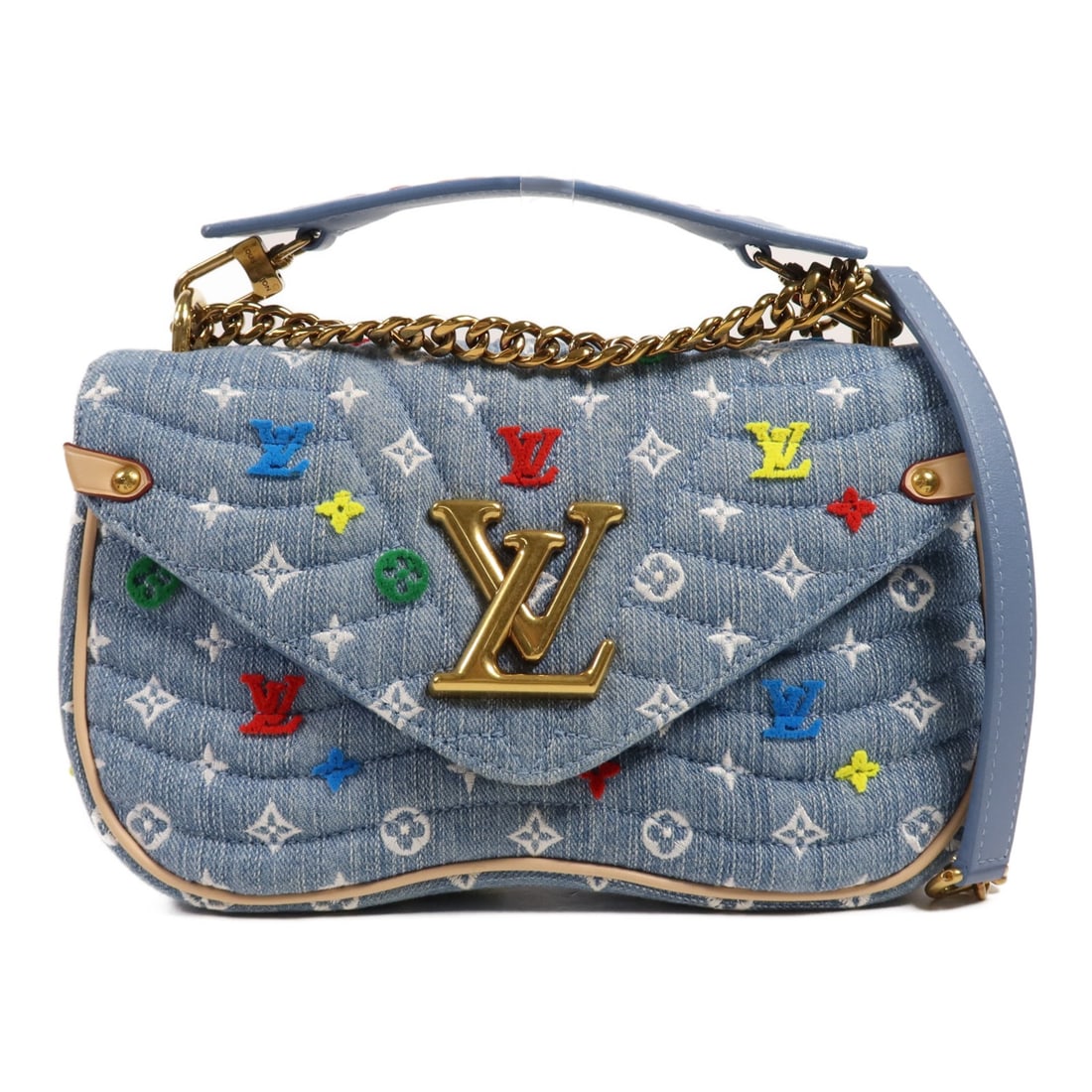 LOUIS VUITTON New Wave Denim Chain Bag M53692 Blue Quilted: LOUIS VUITTON New Wave Denim Chain Bag M53692 Blue Quilted This Louis Vuitton New Wave Chain Bag is an exquisite blend of luxury and style, crafted from high-quality blue denim. The bag features a qui