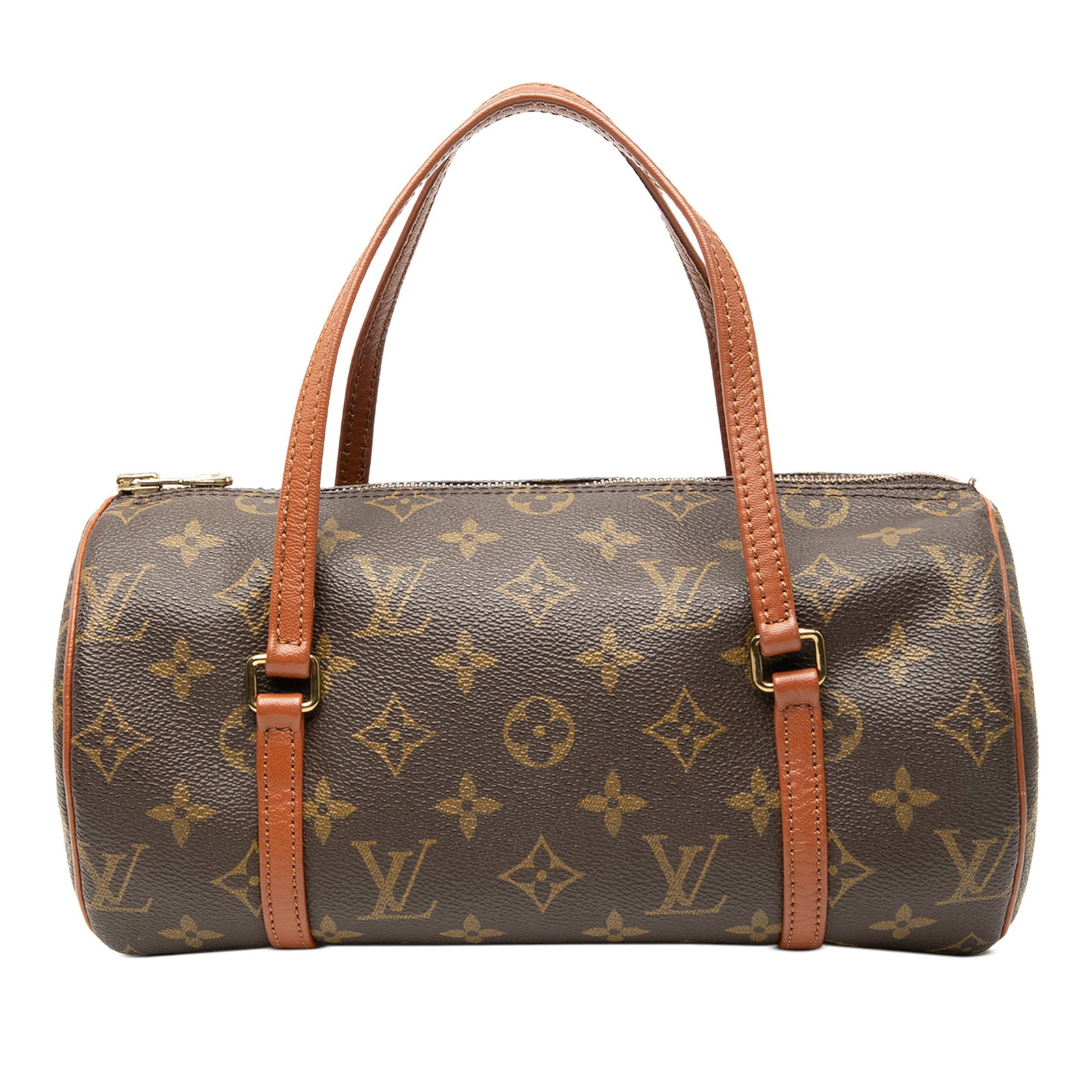 Louis Vuitton Papillon 26 Brown Monogram Canvas Handbag with Leather Handles: Louis Vuitton Papillon 26 Brown Monogram Canvas Handbag with Leather Handles The Louis Vuitton Monogram Papillon 26 features the iconic monogram canvas body, complemented by flat leather handles and a