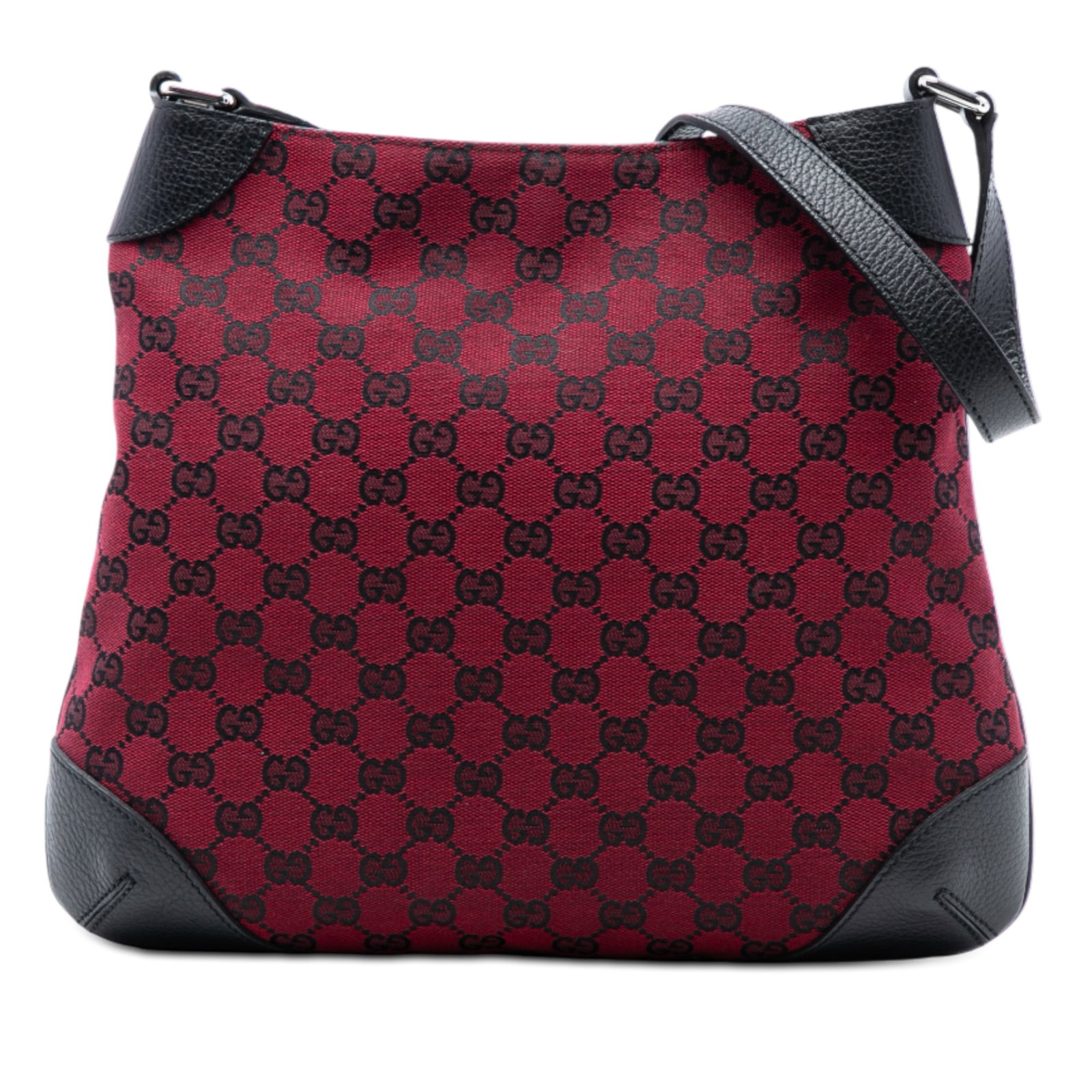 Red Gucci GG Canvas Shoulder Bag with Leather Trim: Red Gucci GG Canvas Shoulder Bag with Leather Trim This Gucci GG Canvas Shoulder Bag features a canvas body with leather trim, a flat leather strap, an open top with magnetic closure, and an interior 