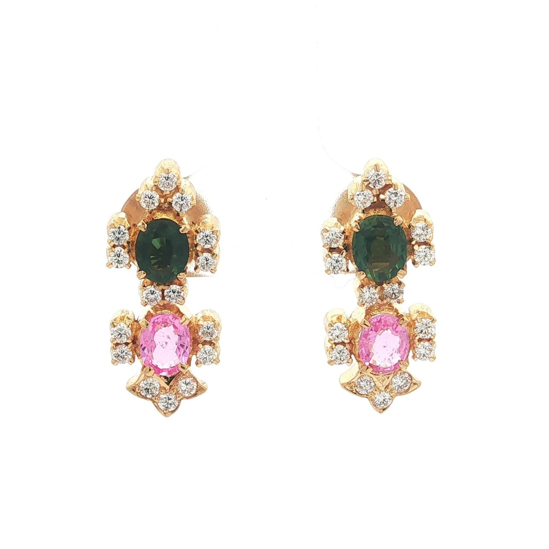 2.01ctw GIA Pink Green Sapphire and Diamond Dangle Earrings in Yellow Gold: 2.01ctw GIA Pink Green Sapphire and Diamond Dangle Earrings in Yellow Gold These elegant dangle/drop earrings are crafted from solid 18k yellow gold and feature a striking combination of four natural 