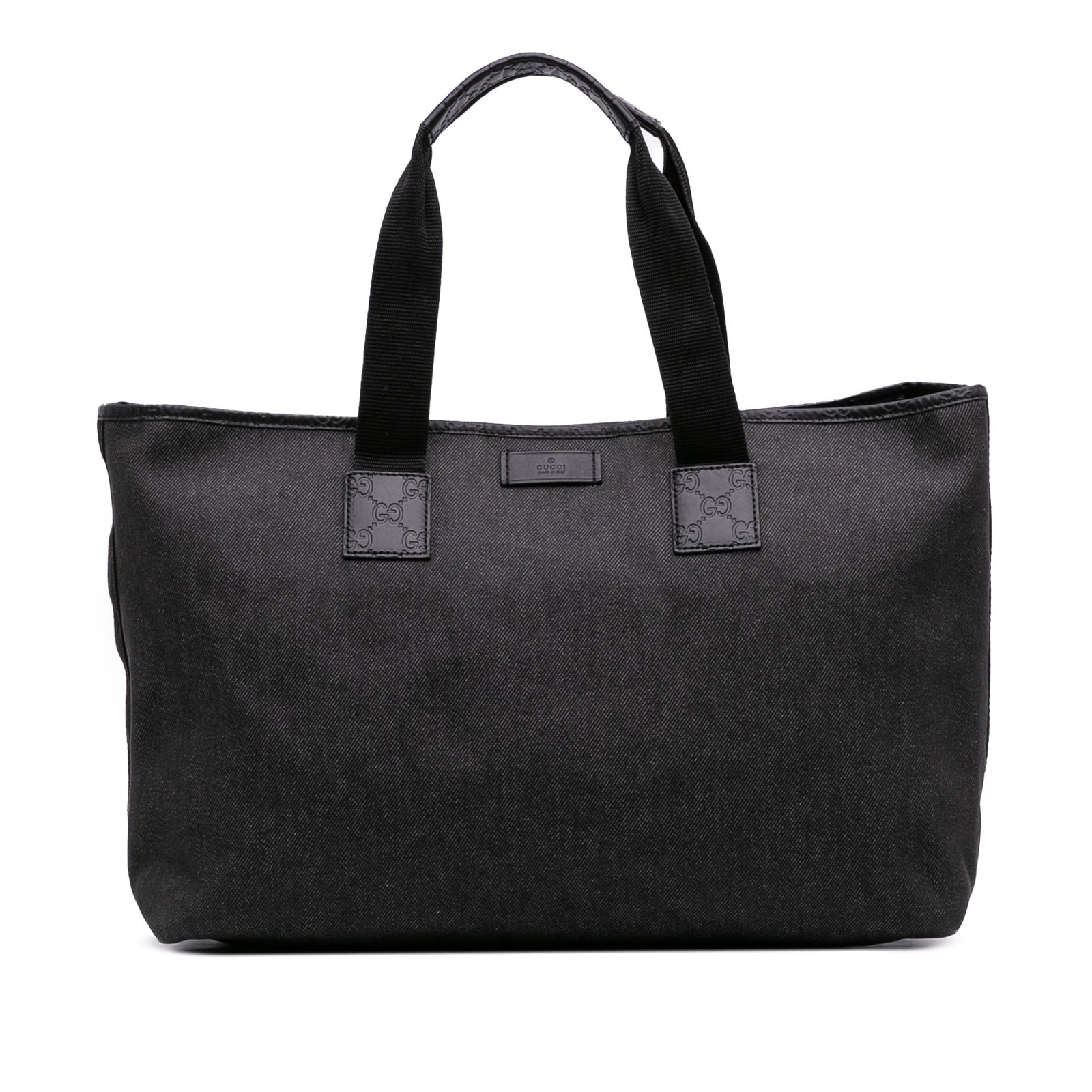 Gucci Guccissima Trimmed Denim Tote Bag Black Leather Trim: Gucci Guccissima Trimmed Denim Tote Bag Black Leather Trim The Guccissima Trimmed Denim Tote is a stylish and functional accessory featuring a durable denim body complemented by elegant leather trim. 