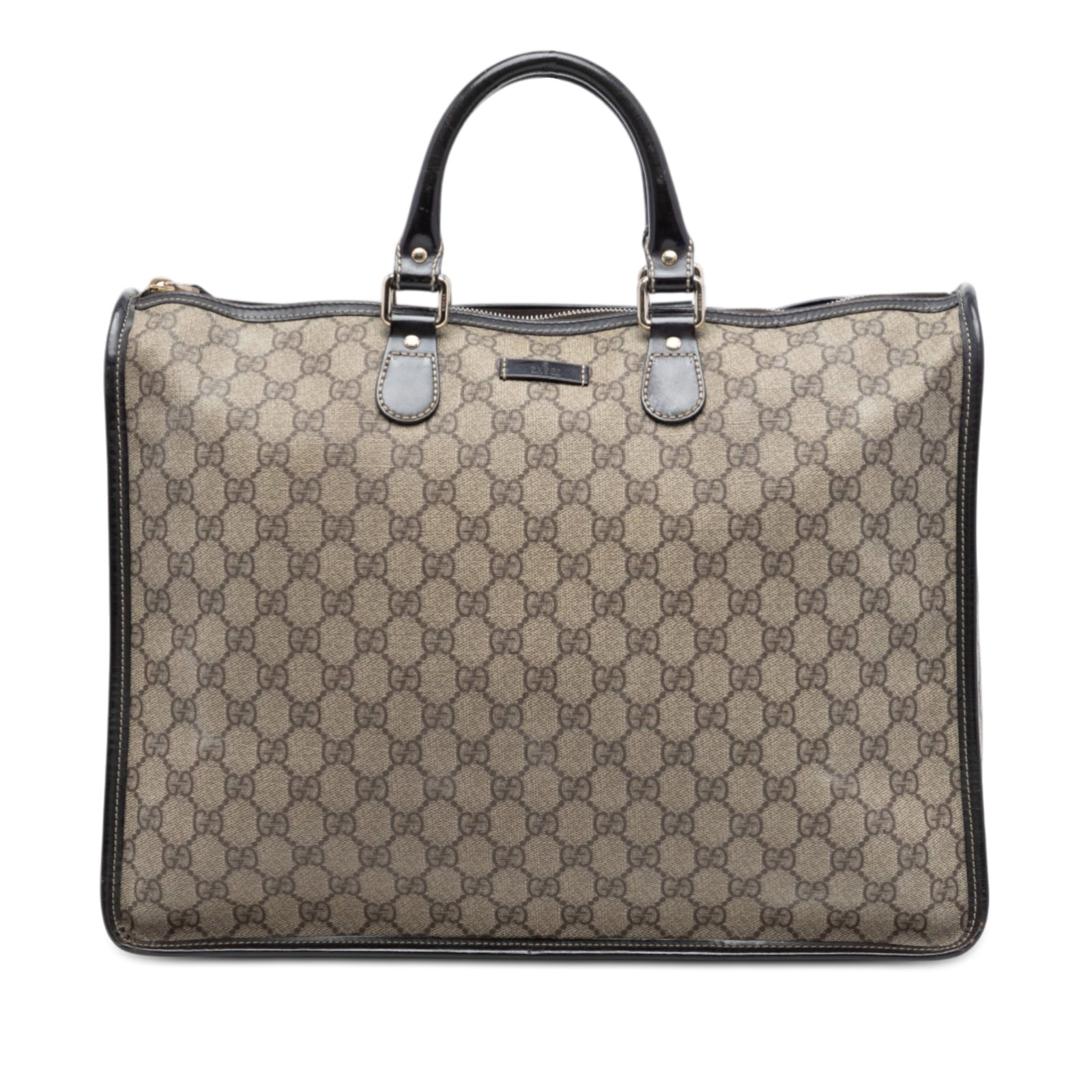 GG Supreme Canvas Briefcase with Leather Trim by Gucci: GG Supreme Canvas Briefcase with Leather Trim by Gucci This Gucci GG Supreme Satchel briefcase features a coated canvas body with leather trim, rolled leather handles, a top zip closure, and an interi