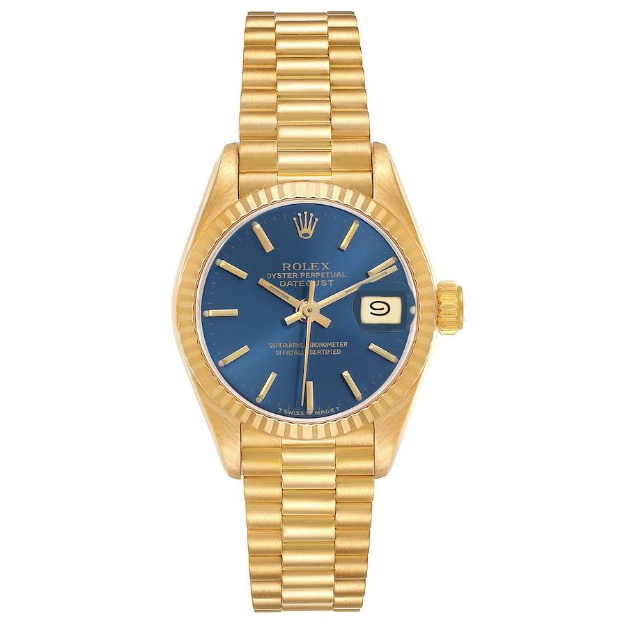 Datejust Lady President 69178 Blue Dial Watch with Papers 1994: Datejust Lady President 69178 Blue Dial Watch with Papers 1994 This Rolex Datejust Lady President wristwatch features a blue stick dial with a fading effect, fluted bezel, and is presented on a Presid