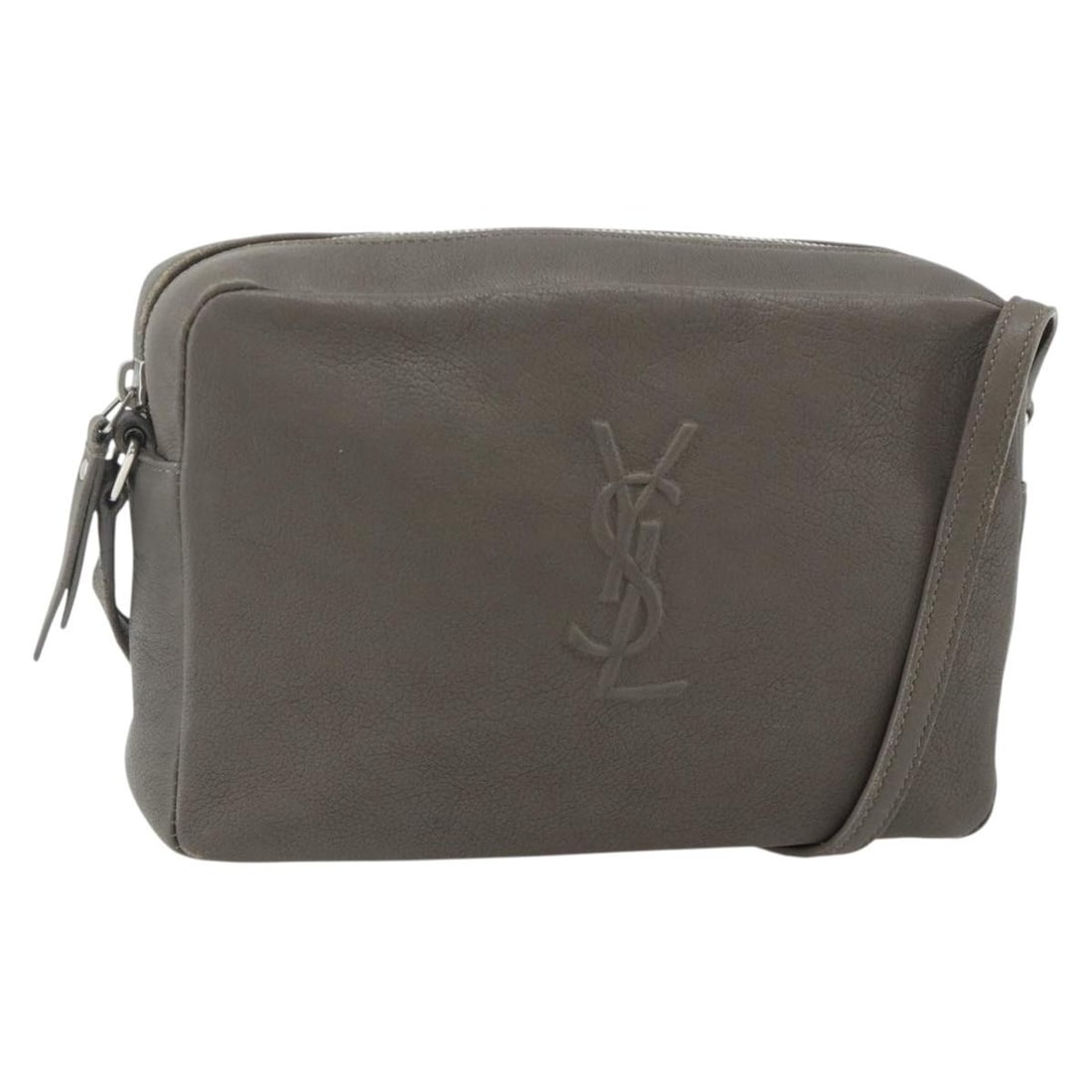 Saint Laurent Leather Gray Silver Shoulder Bag Italy: Saint Laurent Leather Gray Silver Shoulder Bag Italy This SAINT LAURENT shoulder bag features gray and silver leather with a sleek, compact silhouette. Designed for women, the bag includes an adjustab