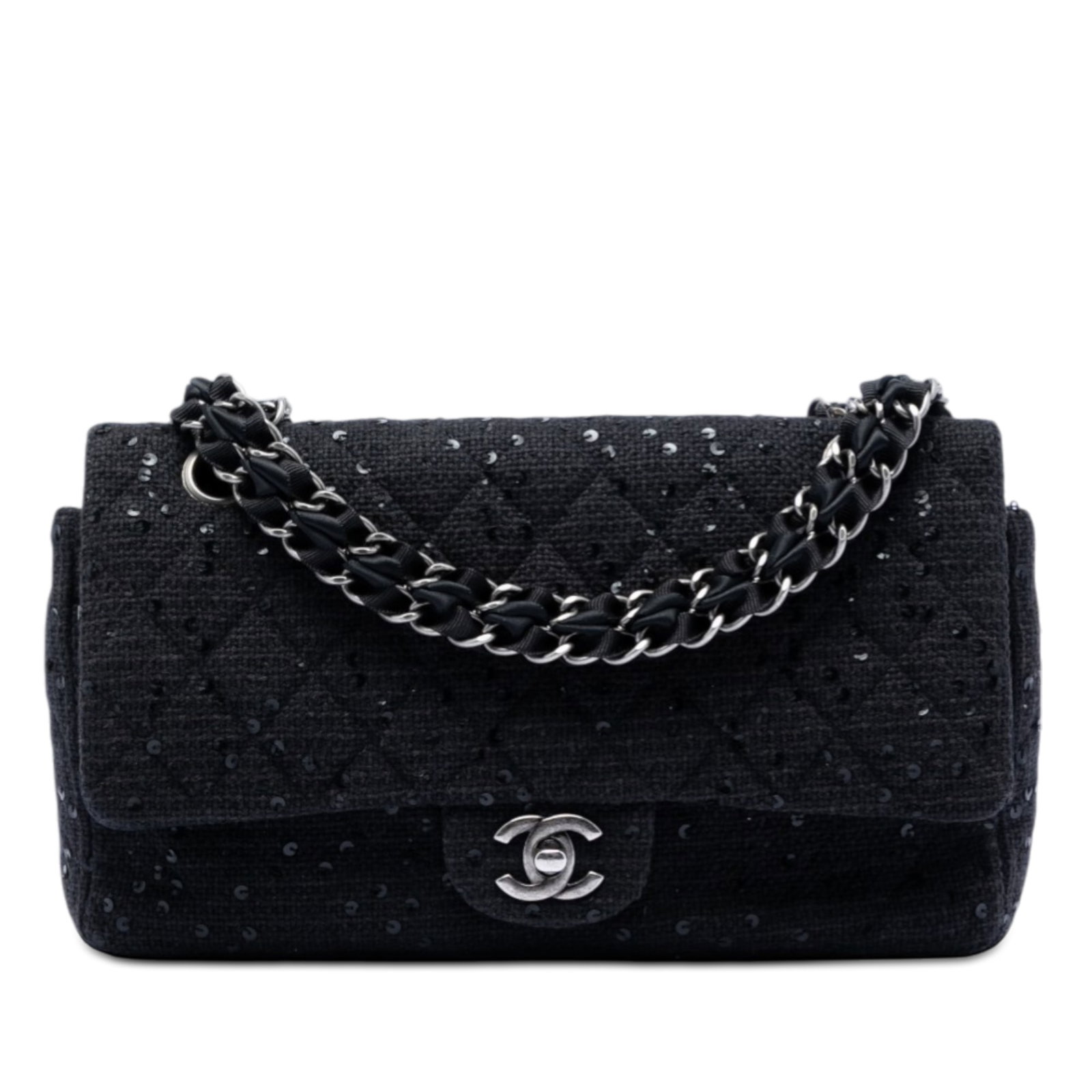 Chanel Tweed Sequin Medium Double Flap Shoulder Bag with CC Turn Lock: Chanel Tweed Sequin Medium Double Flap Shoulder Bag with CC Turn Lock This Chanel Medium Classic Double Flap shoulder bag features a black tweed exterior adorned with sequins, complemented by fabric-w