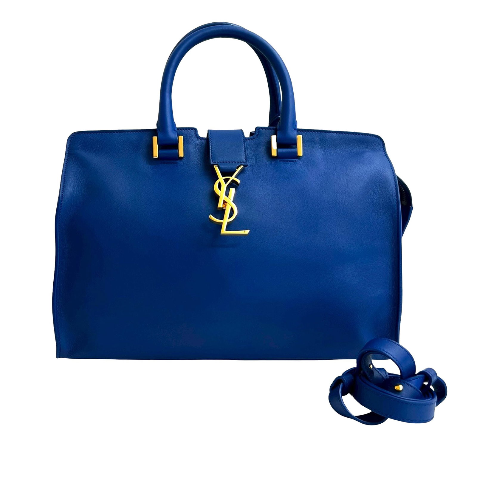 Blue Leather Small Monogram Downtown Cabas Bag by Saint Laurent: Blue Leather Small Monogram Downtown Cabas Bag by Saint Laurent This Saint Laurent Small Leather Monogram Downtown Cabas Satchel features a structured blue leather body with rolled leather handles and