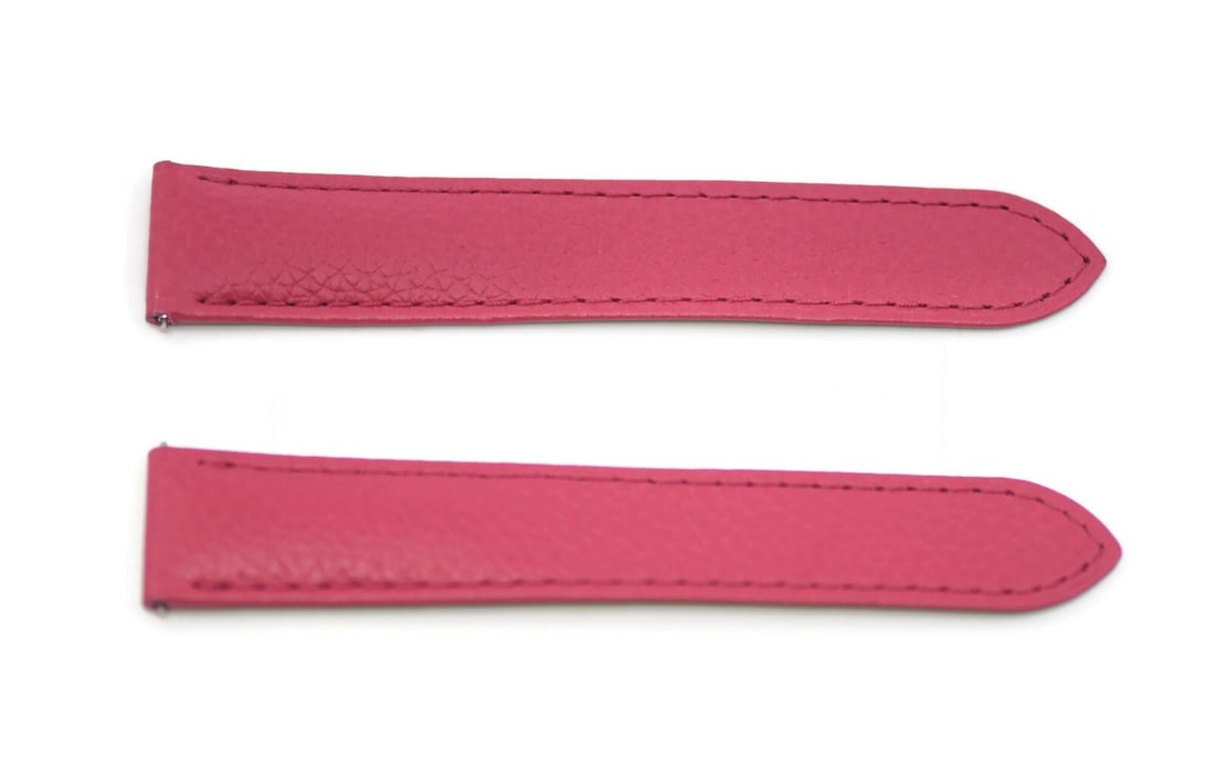 Authentic Cartier Pink Leather Watch Strap 18mm Luxury Band: Authentic Cartier Pink Leather Watch Strap 18mm Luxury Band This authentic Cartier pink leather strap is designed for wristwatches, featuring a band width of 18 mm and a length of 100 mm. Crafted from