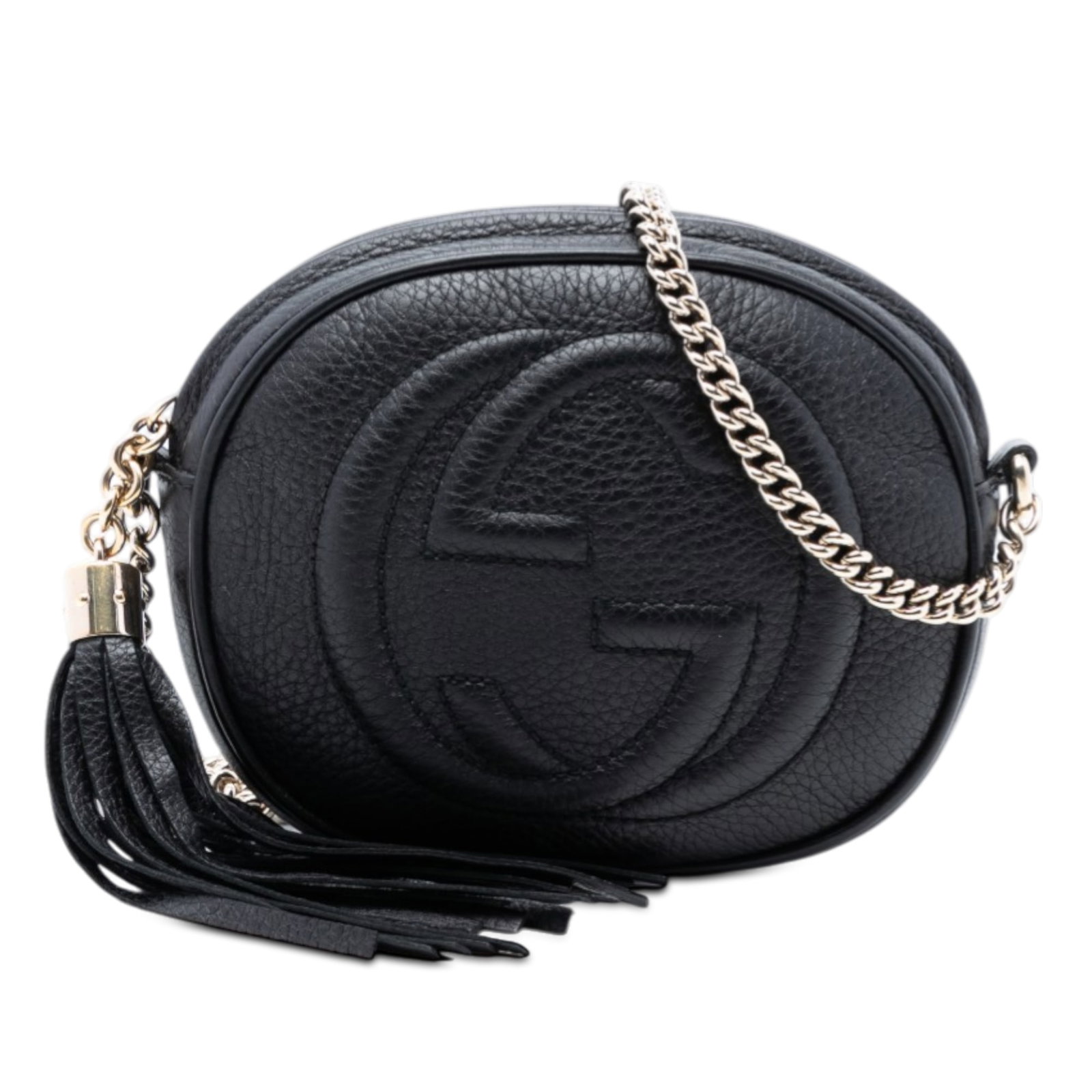 Gucci Soho Mini Black Leather Crossbody with Chain Strap and Tassel: Gucci Soho Mini Black Leather Crossbody with Chain Strap and Tassel This Gucci Mini Pebbled Calfskin Soho Chain Crossbody bag features a black leather body with a tassel detail, a chain link shoulder 