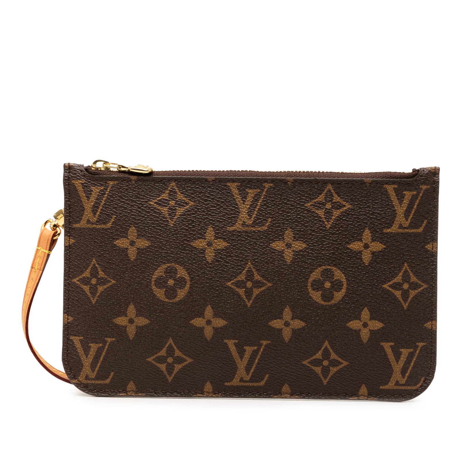 Louis Vuitton Brown Monogram Canvas Neverfull PM Wristlet Pouch: Louis Vuitton Brown Monogram Canvas Neverfull PM Wristlet Pouch This Louis Vuitton Monogram Neverfull PM Pouch features a classic monogram canvas body with a detachable flat leather wrist strap, a top