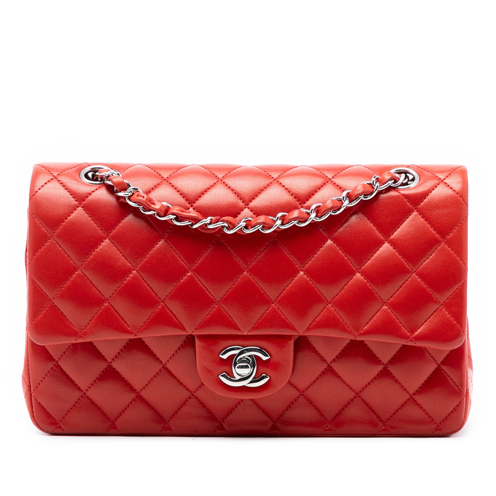 Red Chanel Medium Classic Double Flap Quilted Lambskin Shoulder Bag: Red Chanel Medium Classic Double Flap Quilted Lambskin Shoulder Bag This Chanel Medium Classic Double Flap shoulder bag features a quilted lambskin leather body in red, an exterior back slip pocket, l