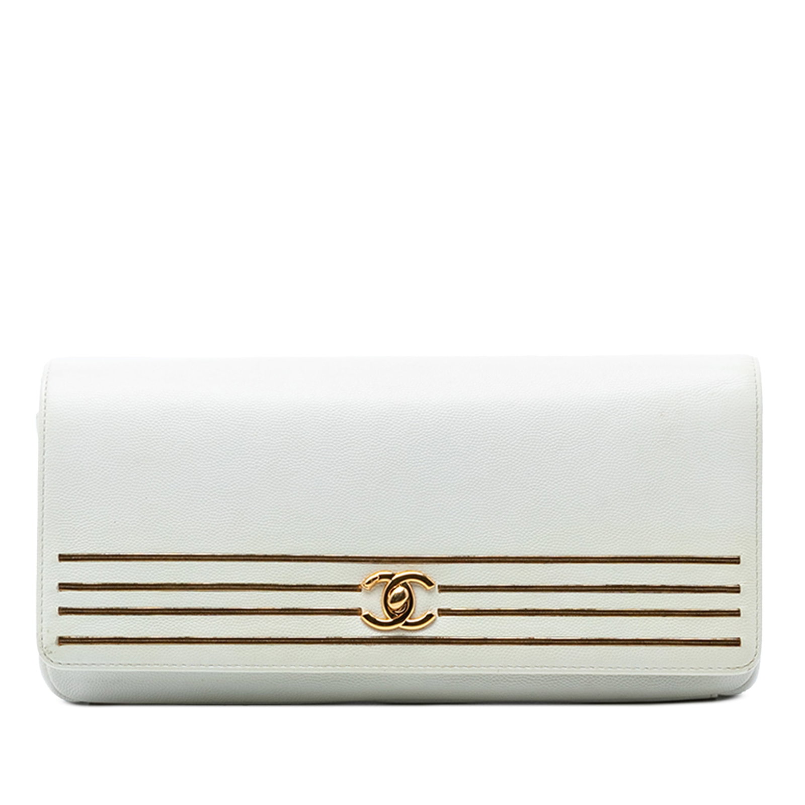 Chanel White Caviar Leather Clutch with Gold Tone Turn Lock: Chanel White Caviar Leather Clutch with Gold Tone Turn Lock This Chanel clutch features a white caviar leather exterior with a front flap and turn lock closure. The bag is designed with an interior sl