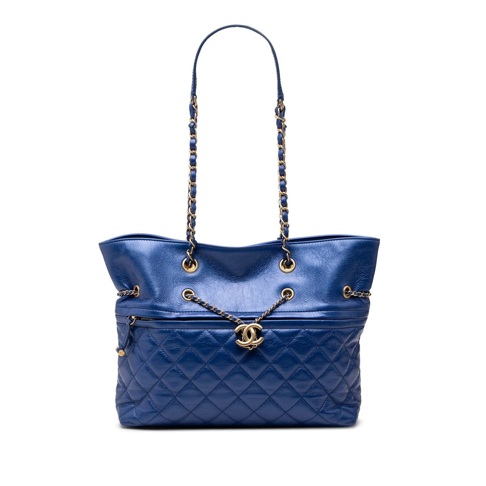 Chanel Blue Quilted Leather Tote with Chain Straps and Front Zip Pocket: Chanel Blue Quilted Leather Tote with Chain Straps and Front Zip Pocket This Chanel CC Calfskin Front Zip Drawstring Chain Tote features a quilted blue leather body, leather-woven chain straps with le