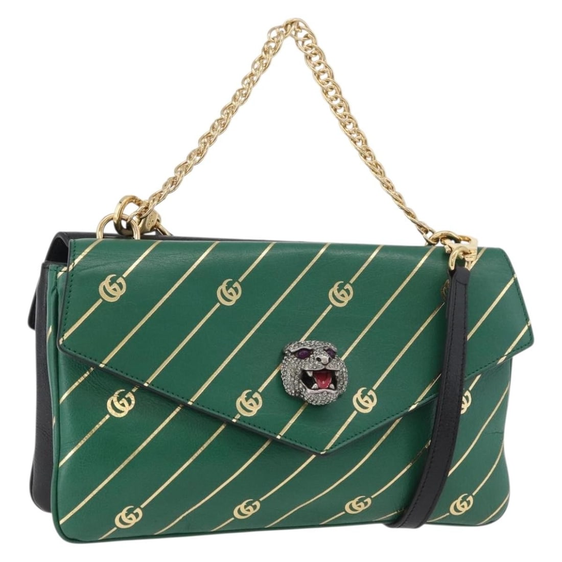 Gucci Cat Double Face Leather Shoulder Bag Green Gold 524822: Gucci Cat Double Face Leather Shoulder Bag Green Gold 524822 This GUCCI Cat Double Face Shoulder Bag features a distinctive green and gold leather exterior and is crafted in Italy. The bag offers a co