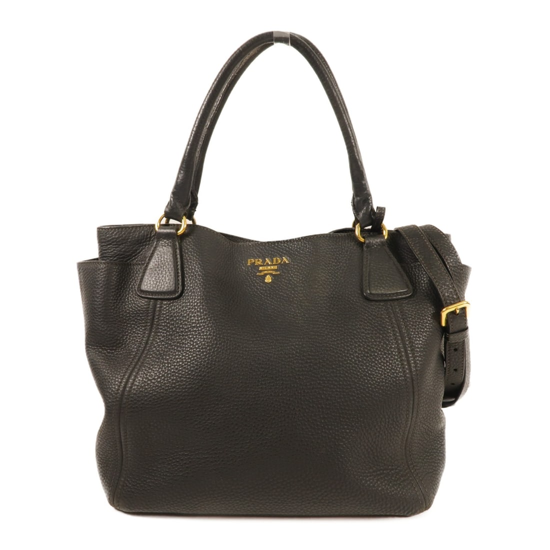 Prada Black Calfskin 2 Way Shoulder Tote Bag: Prada Black Calfskin 2 Way Shoulder Tote Bag This PRADA 2-way shoulder tote bag is crafted from black calfskin leather, offering versatile carry options as both a handbag and a shoulder bag. Designed 