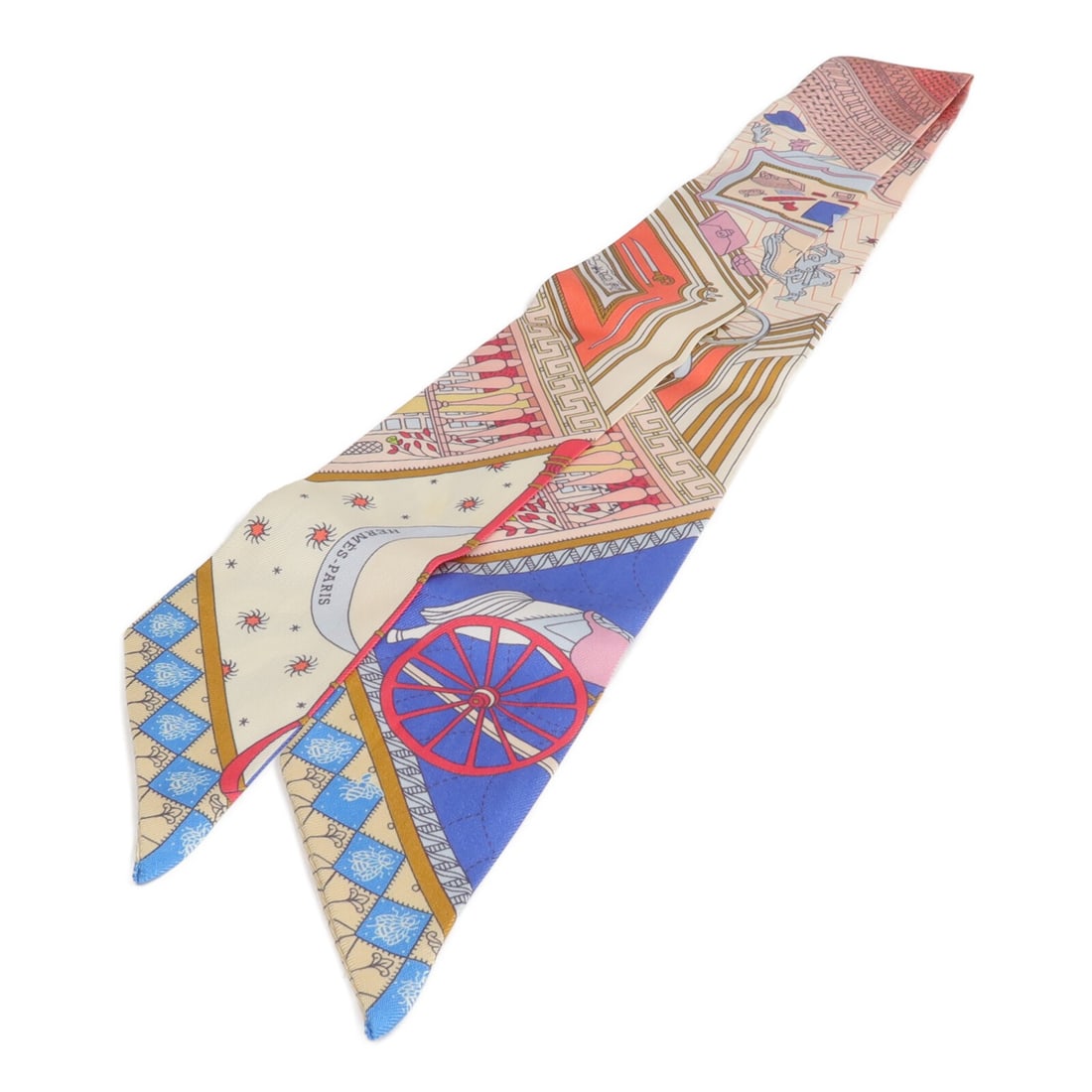 Hermes silk Twilly scarf in pink beige blue: Hermes silk Twilly scarf in pink beige blue This Hermes Twilly scarf is crafted from luxurious silk and features an elegant combination of pink, beige, and blue hues. Designed for women, it offers a v