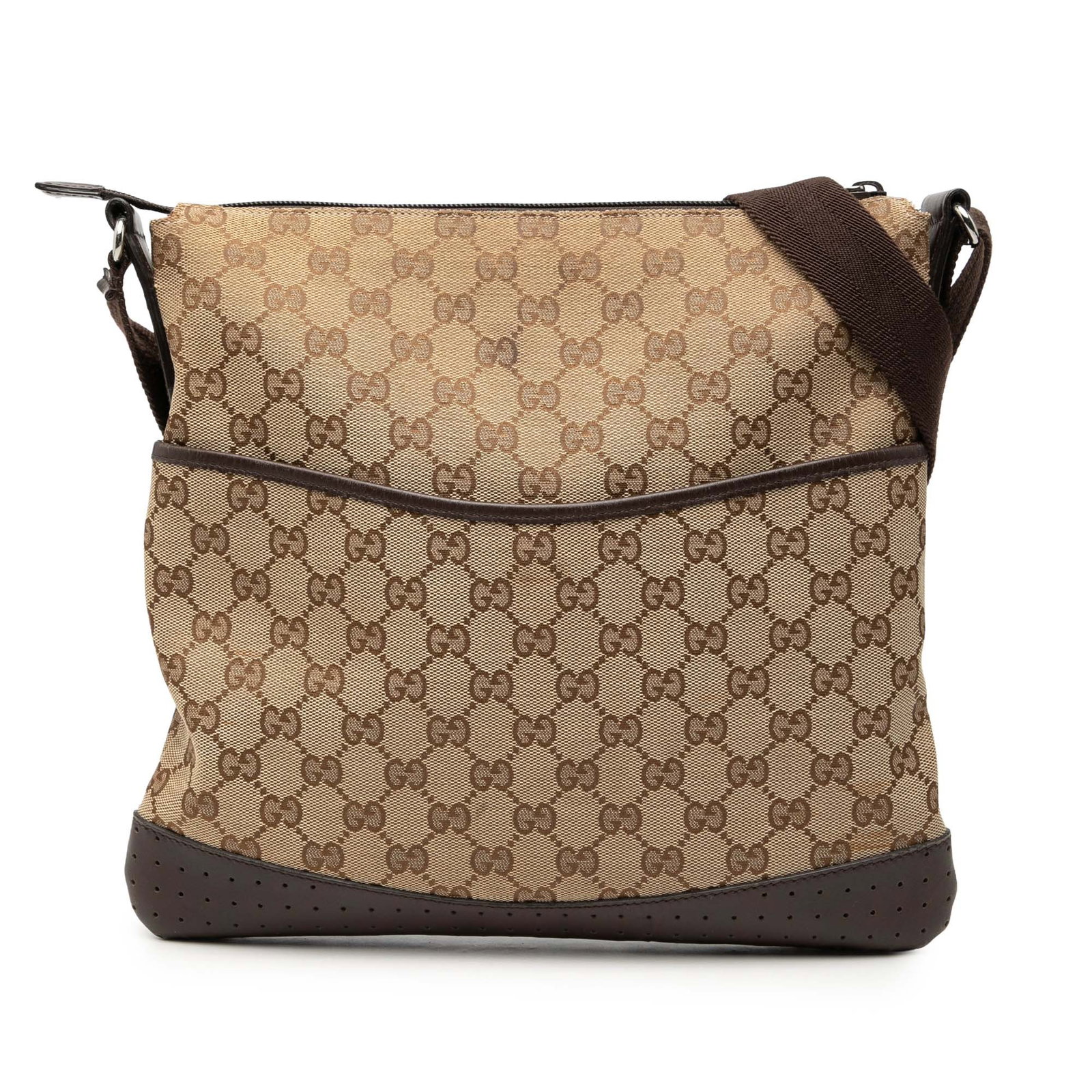 Beige GG Canvas Crossbody Bag with Perforated Leather Trim by Gucci: Beige GG Canvas Crossbody Bag with Perforated Leather Trim by Gucci This Gucci GG Canvas Crossbody bag features a beige fabric body with perforated leather trim and an adjustable flat strap. The desig